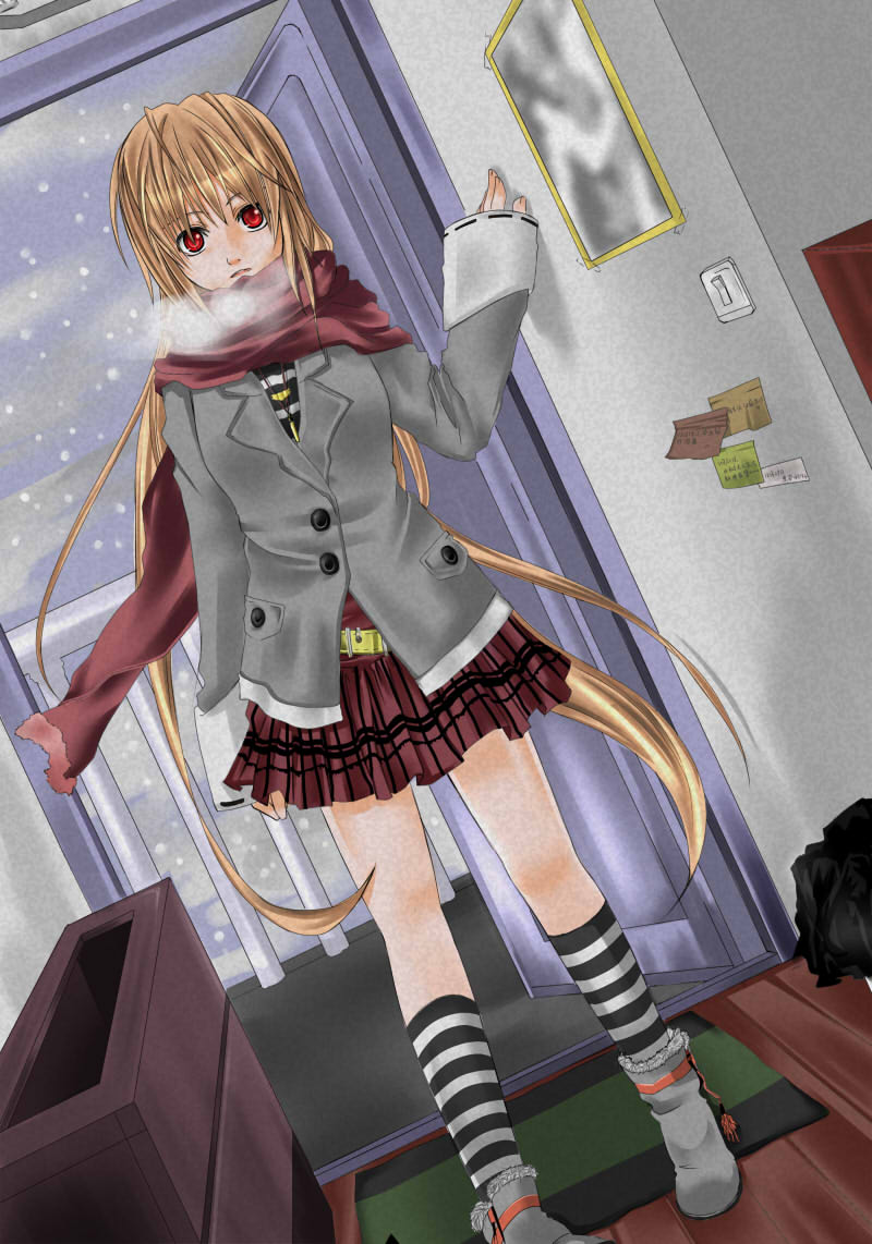 fate testarossa, lyrical nanoha, mahou shoujo lyrical nanoha, 00s, blonde hair, long hair, red eyes, scarf, skirt, snow, socks, solo, striped clothes, striped socks, very long hair