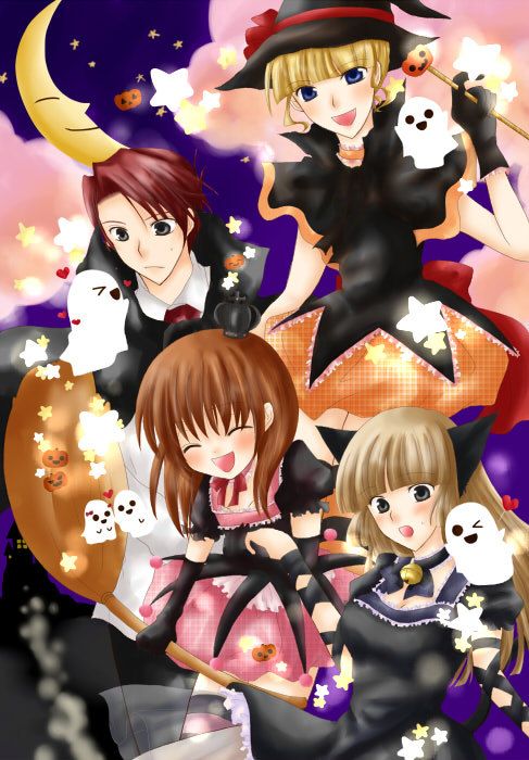 beatrice (umineko), ushiromiya battler, ushiromiya jessica, ushiromiya maria, ushiromiya rosa, umineko no naku koro ni, 00s, 1boy, 3girls, blonde hair, blue eyes, brown hair, closed eyes, cloud, crown, dress, ghost, grey eyes, halloween, happy, heart, hime cut, jack-o'-lantern, moon, multiple girls, pumpkin, red hair, ribbon, sky, smile, star (sky), star (symbol), starry sky