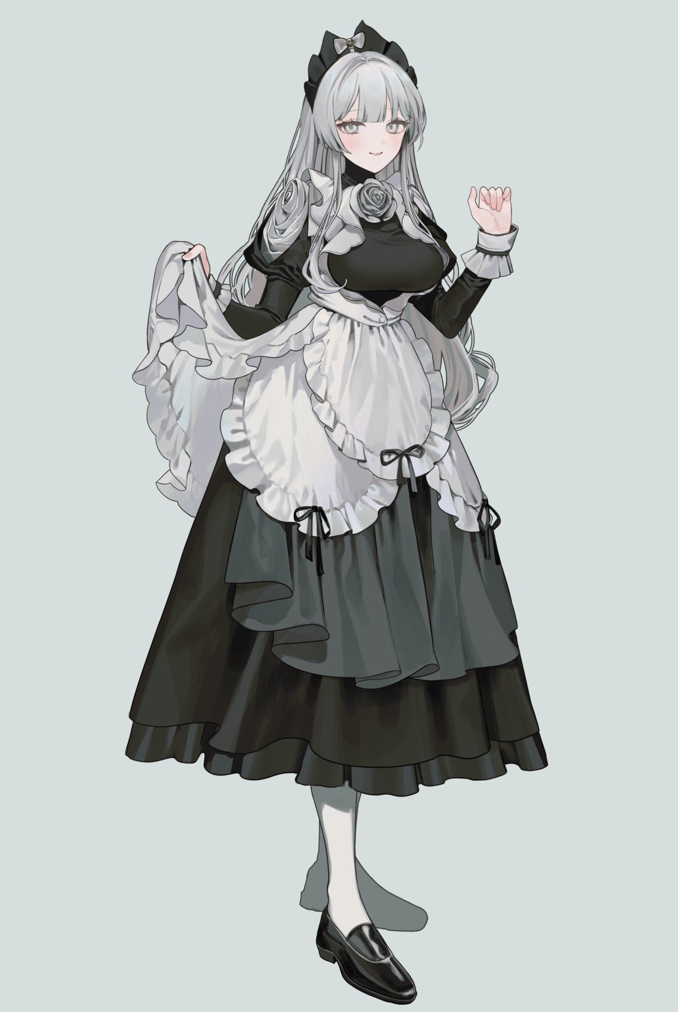 daimaou ruaeru, original, highres, 1girl, alternate costume, apron, black dress, dress, enmaided, frilled apron, frills, maid, maid apron, maid headdress, puffy sleeves, waist apron, white apron, white hair