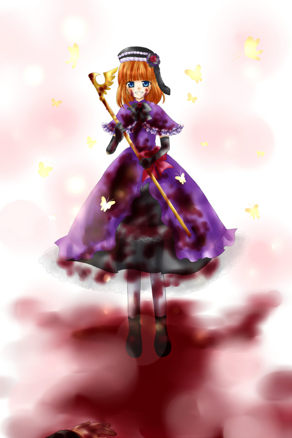 eva beatrice, umineko no naku koro ni, 00s, beret, blood, bug, butterfly, dress, elbow gloves, flower, gloves, hat, insect, orange hair, rose, short hair, solo, staff