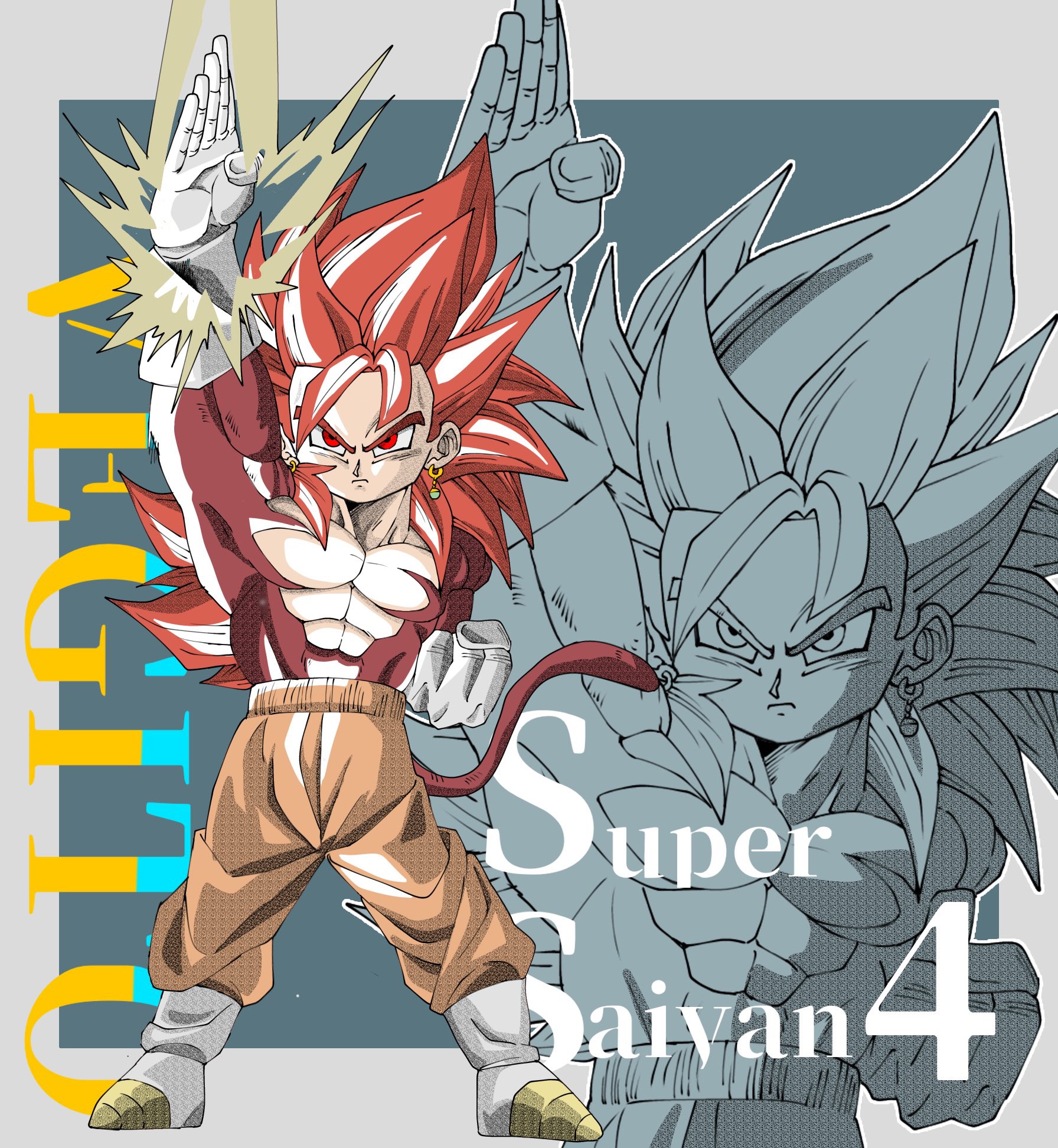 vegetto, dragon ball, dragon ball daima, highres, 1boy, alternate universe, arm blade, arm up, blue background, boots, border, character name, chibi, earrings, energy sword, full body, gloves, jewelry, long hair, orange pants, pants, potara earrings, red eyes, red fur, red hair, simple background, solo focus, spiked hair, studio kaede, super saiyan, super saiyan 4, sword, topless male, weapon, white boots, white border, white gloves, zoom layer