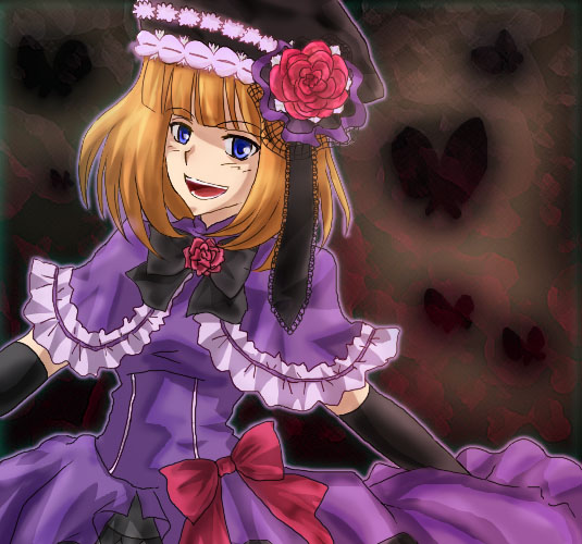 eva beatrice, umineko no naku koro ni, 00s, dress, elbow gloves, flower, gloves, hat, orange hair, ribbon, rose, short hair, solo