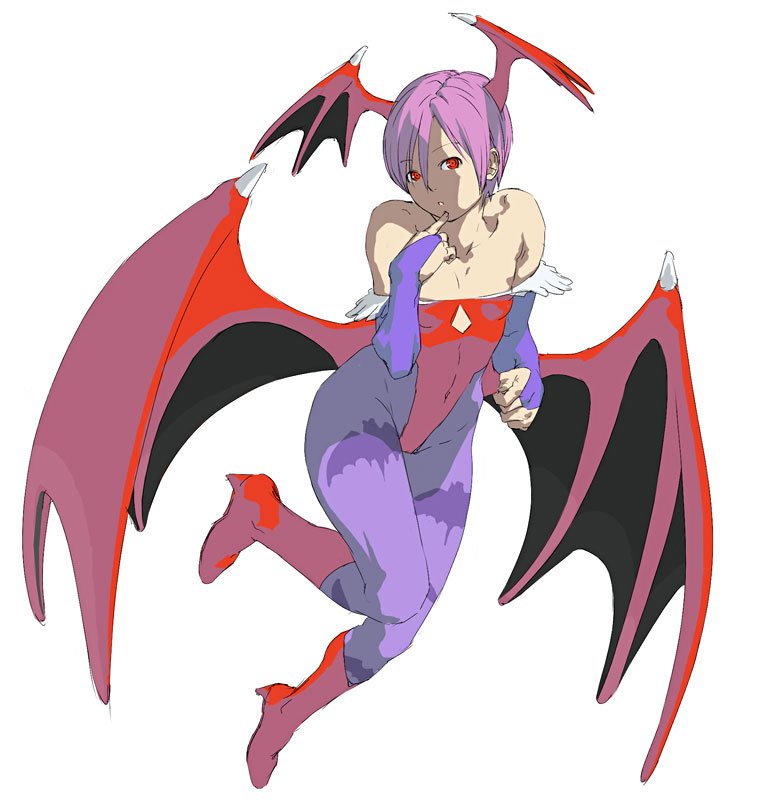 chyko, lilith (darkstalkers), capcom, darkstalkers, red footwear, bad id, bad pixiv id, 1girl, animal print, bare shoulders, bat print, boots, demon girl, demon wings, elbow gloves, female focus, gloves, leotard, pantyhose, patterned legwear, pink hair, print pantyhose, red eyes, red leotard, shoes, short hair, solo, wings