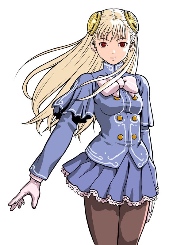 chyko, ingrid (capcom), capcom, capcom fighting jam, 1girl, blonde hair, bun cover, double bun, female focus, gloves, hair bun, hairpods, long hair, pantyhose, parody, red eyes, solo, style parody