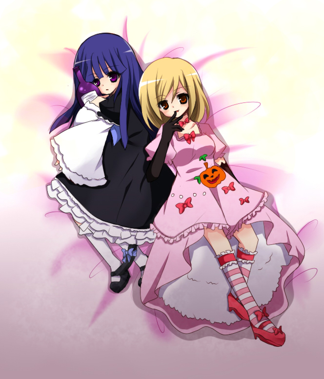 frederica bernkastel, lambdadelta, umineko no naku koro ni, 00s, 2girls, blonde hair, blue hair, dress, gem, jack-o'-lantern, long hair, lying, multiple girls, pearl (gemstone), pink dress, pumpkin, purple eyes, red eyes, short hair