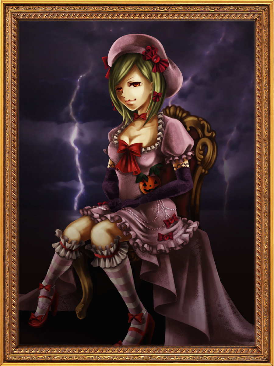 rouge (artist), lambdadelta, umineko no naku koro ni, framed, highres, 00s, 1girl, beret, blonde hair, breasts, chair, cleavage, cloud, dress, elbow gloves, female focus, frills, full body, gem, gloves, hat, high heels, large breasts, looking at viewer, orange eyes, painting (object), pearl (gemstone), pink dress, pink hat, portrait, portrait (object), pumpkin, red eyes, ribbon, short hair, sitting, sky, smile, solo