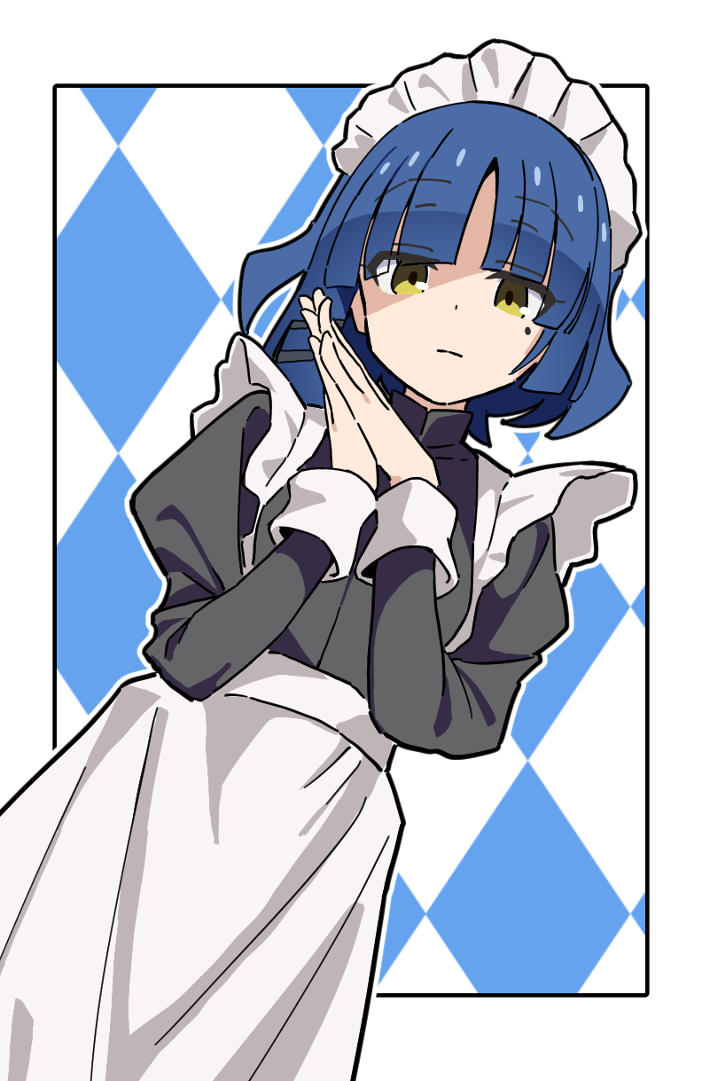 noyama takenoko, yamada ryo, bocchi the rock!, commentary, highres, 1girl, alternate costume, argyle background, blue hair, blunt bangs, border, dot nose, enmaided, expressionless, juliet sleeves, long hair, long sleeves, looking at viewer, maid, maid headdress, mole, mole under eye, outline, outside border, own hands together, puffy sleeves, simple background, solo, white border, white outline, yellow eyes