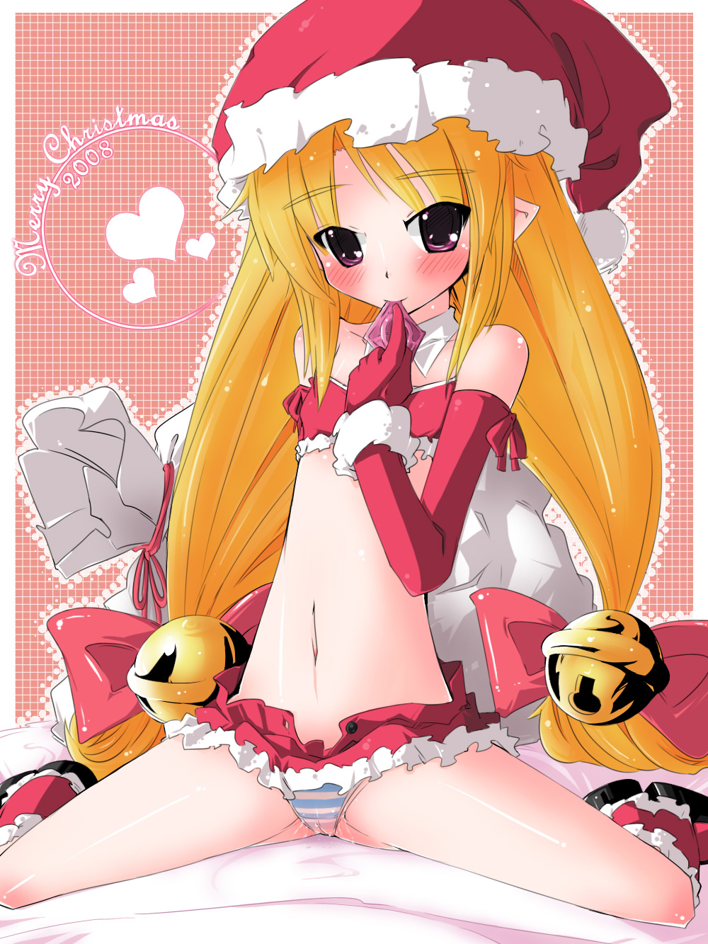 naik, highres, tagme, 00s, 1girl, 2008, bed, bell, blonde hair, blush, bow, christmas, condom, condom in mouth, detached sleeves, facing viewer, female focus, hair bow, hat, heart, jingle bell, loli, long hair, looking at viewer, merry christmas, miniskirt, mouth hold, navel, panties, pointy ears, pussy juice, red bow, red skirt, santa costume, santa hat, sitting, skirt, solo, spread legs, striped clothes, striped panties, twintails, underwear, very long hair, wariza, wet, wet clothes, wet panties
