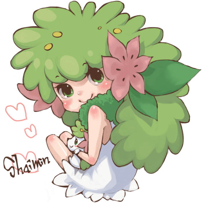 kumatani, shaymin, shaymin (land), moemon, nintendo, pokemon, bad id, bad pixiv id, 00s, 1boy, blush, character name, costume, creature and personification, gen 4 pokemon, green eyes, green hair, legendary pokemon, male focus, mythical pokemon, personification, pokemon (creature), smile, trap