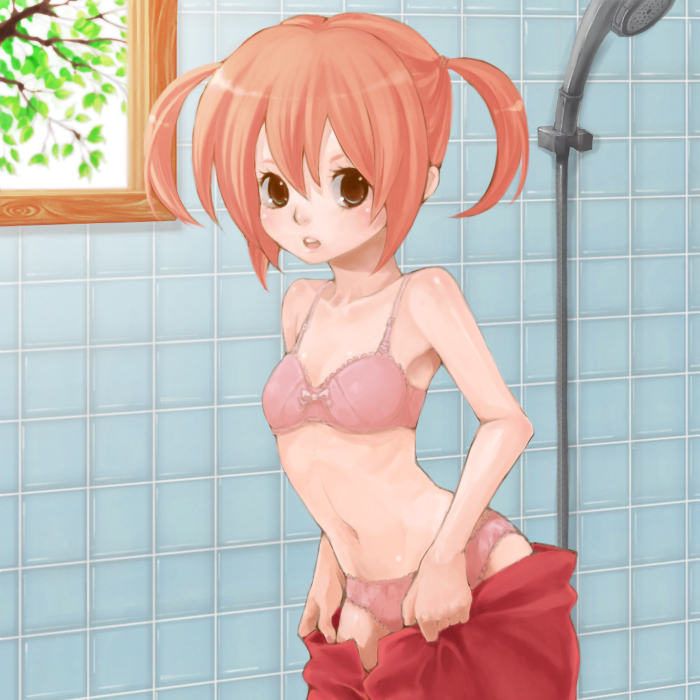 kumatani, kagura (gintama), gintama, bad id, bad pixiv id, 00s, 1girl, bath, blush, bra, female focus, flat chest, lingerie, panties, short twintails, solo, twintails, underwear, undressing