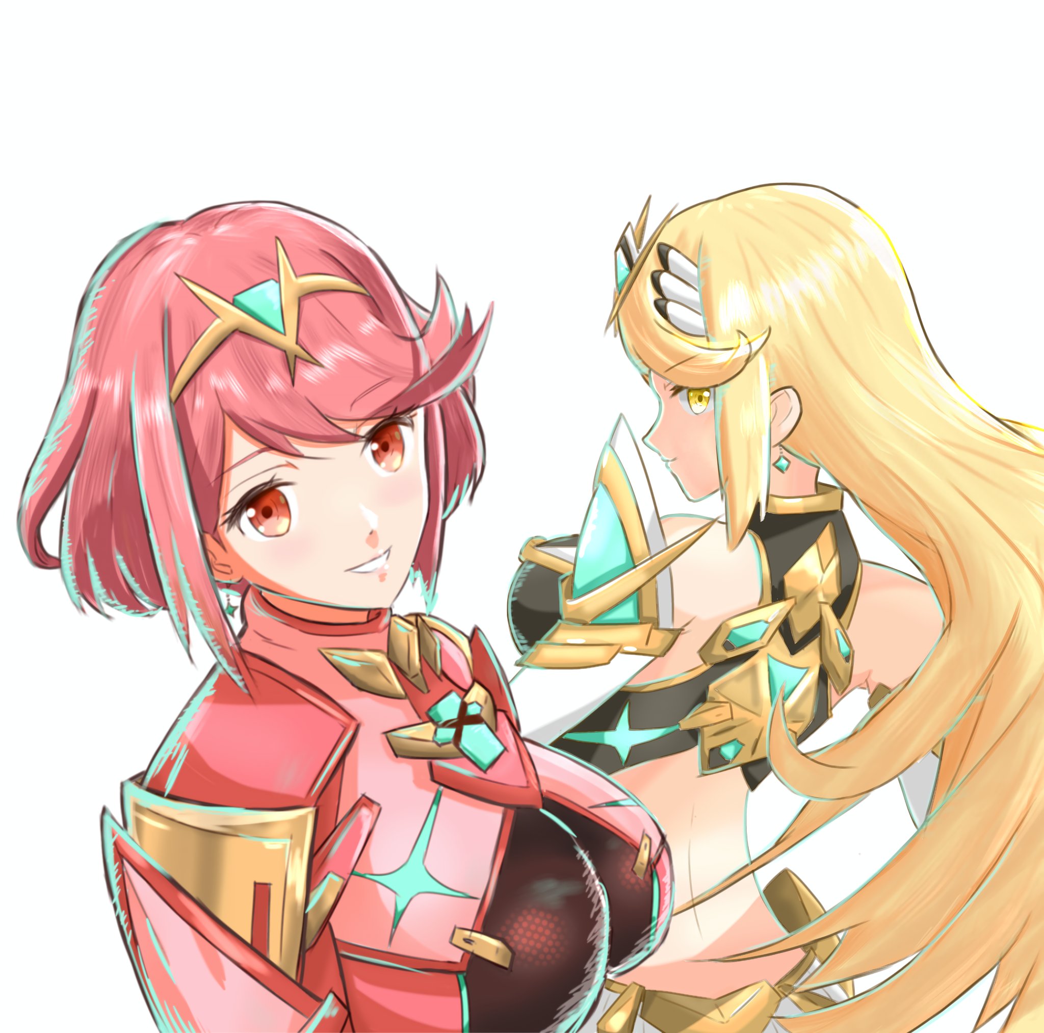 mythra (xenoblade), pyra (xenoblade), xenoblade chronicles (series), xenoblade chronicles 2, highres, 2girls, bare shoulders, blonde hair, breasts, chest jewel, core crystal (xenoblade), earrings, jaegissb, jewelry, large breasts, long hair, multiple girls, red eyes, red hair, short hair, simple background, tiara, upper body, white background, yellow eyes