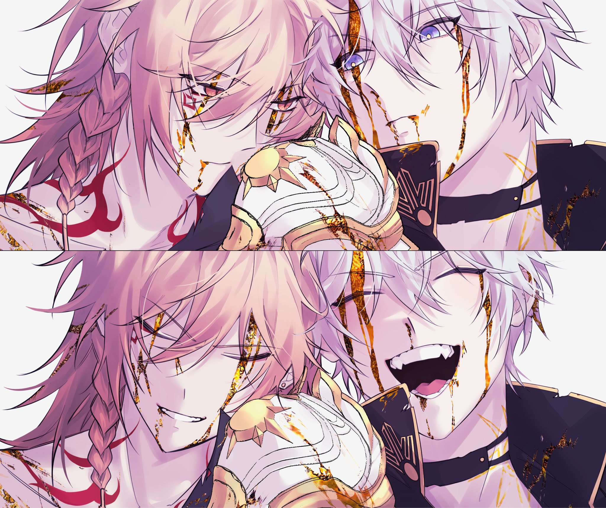 mydei (honkai: star rail), phainon (honkai: star rail), honkai: star rail, honkai (series), hashtag-only commentary, highres, 1209 23, 2boys, antenna hair, armor, black choker, black shirt, blonde hair, blood, blood on face, blue eyes, braid, choker, closed eyes, facial tattoo, gradient hair, heads together, male focus, medium hair, multicolored hair, multiple boys, neck tattoo, parted bangs, pauldrons, red hair, red tattoo, shirt, short hair, shoulder armor, side braid, single pauldron, sun symbol, sun tattoo, tan, tattoo, white hair, yaoi, yellow blood, yellow eyes