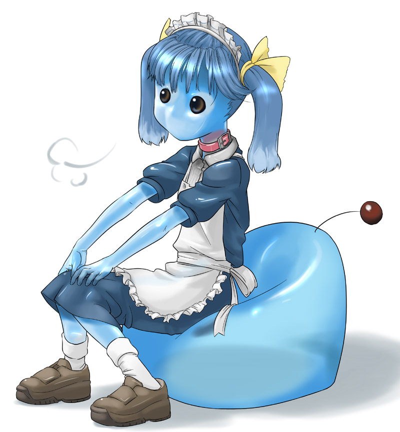 himewe, joshinwe, inu (nijiura), futaba channel, 1girl, apron, blue hair, blue skin, collar, colored skin, female focus, hair ribbon, maid, maid apron, monster girl, ribbon, shoes, sigh, sitting, slime (substance), slime girl, socks, solo, twintails