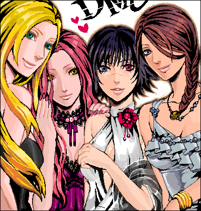lady (devil may cry), lucia (devil may cry), nevan, trish (devil may cry), capcom, devil may cry, devil may cry (series), devil may cry 2, devil may cry 3, lowres, 00s, 4girls, bare shoulders, black hair, blonde hair, blue eyes, braid, breasts, brown hair, choker, cleavage, criss-cross halter, dress, formal clothes, green eyes, grey eyes, hair over one eye, halterneck, heart, heterochromia, jewelry, large breasts, lips, long hair, multiple girls, nail polish, necklace, oekaki, pink hair, red eyes, scar, short hair, simple background, single braid, smile, yellow eyes
