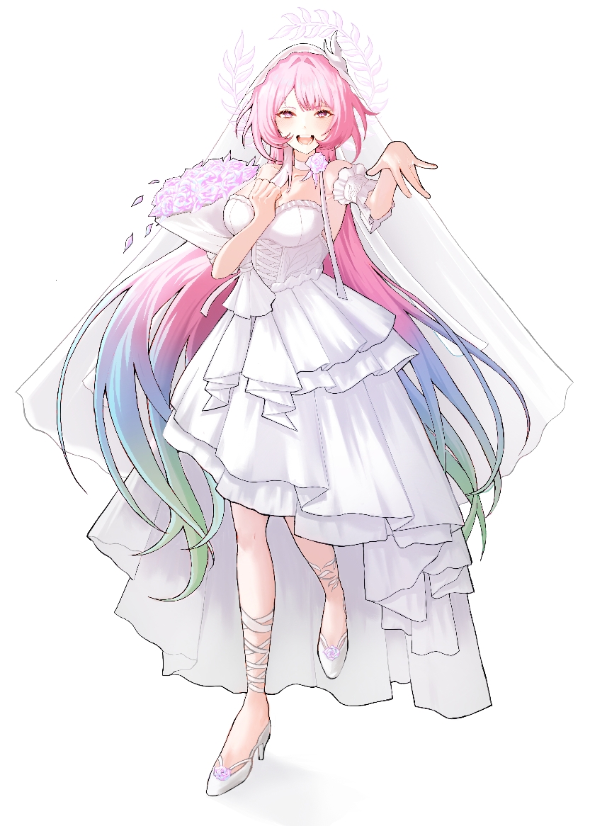 yunyame, cyrene (honkai: star rail), cyrene (ripples of past reverie) (honkai: star rail), honkai: star rail, honkai (series), commentary, english commentary, 1girl, bare shoulders, bouquet, breasts, bridal veil, diamond-shaped pupils, diamond (shape), dress, flower, glass slipper, gradient hair, green hair, halo, holding, holding bouquet, large breasts, long hair, looking at viewer, multicolored hair, open mouth, pink hair, purple eyes, simple background, smile, solo, symbol-shaped pupils, veil, very long hair, wedding dress, white background, white dress, white hair