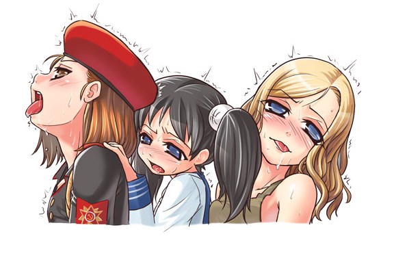 natasha volkova, tanya adams, yuriko omega, command & conquer, red alert 3, 3girls, beret, blonde hair, blue eyes, hammer and sickle, hat, loli, multiple girls, saliva, sexually suggestive, tongue