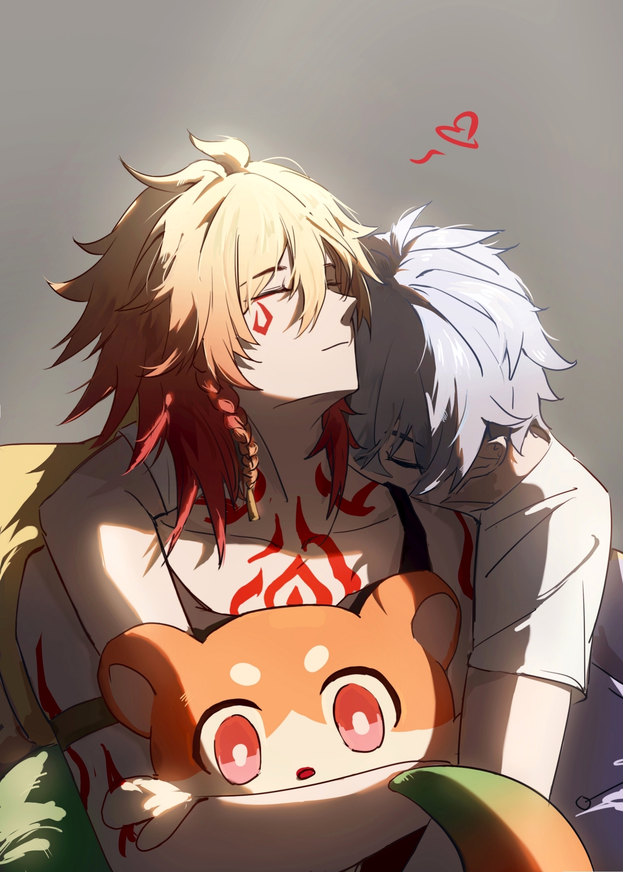 mydei (fig stew) (honkai: star rail), mydei (honkai: star rail), phainon (honkai: star rail), honkai: star rail, honkai (series), absurdres, chinese commentary, commentary request, highres, 2boys, antenna hair, arm tattoo, armband, black choker, blonde hair, braid, chest tattoo, choker, closed eyes, facial tattoo, gradient hair, grey background, huajing805, male focus, medium hair, multicolored hair, multiple boys, red hair, red tattoo, short hair, side braid, simple background, stuffed toy, tattoo, white hair, yaoi
