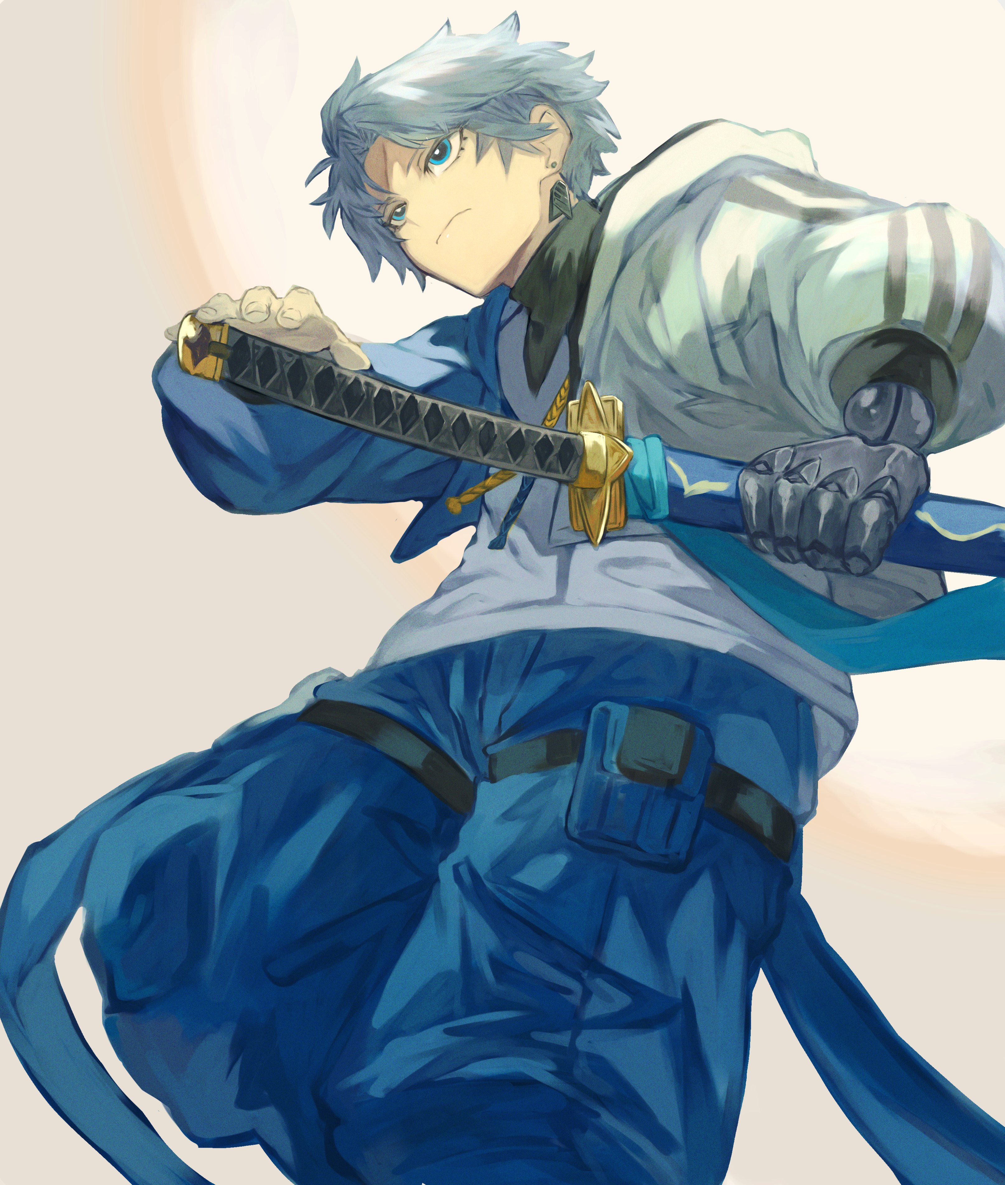 yuto (fedj3757), fate/grand order, fate (series), absurdres, highres, 1boy, blue eyes, blue jacket, blue pants, earrings, fighting stance, hood, hooded jacket, jacket, jewelry, katana, multicolored jacket, pants, prosthesis, prosthetic arm, ready to draw, scar, scar on face, scar on forehead, sheath, sheathed, shirt, simple background, single earring, solo, sword, toudou heisuke (fate), triple vertical stripe, turtleneck, two-tone jacket, v-neck, weapon, white hair, white jacket, white shirt