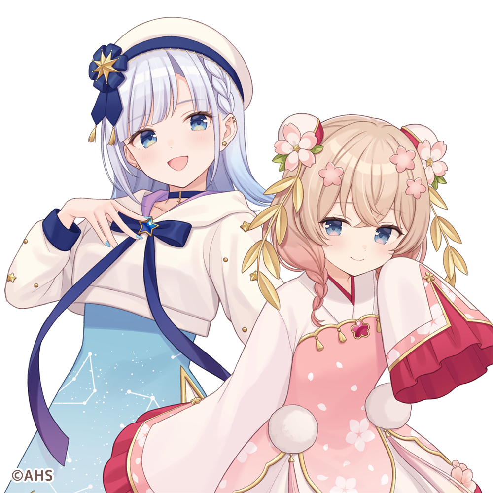shiromikan, asumi ririse, asumi shuo, synthesizer v, voicepeak, official art, 2girls, blonde hair, blue eyes, braid, double bun, flower, grey hair, hair bun, hair flower, hair ornament, hat, jacket, long sleeves, looking at viewer, medium hair, multicolored hair, multiple girls, shirt, simple background, twin braids