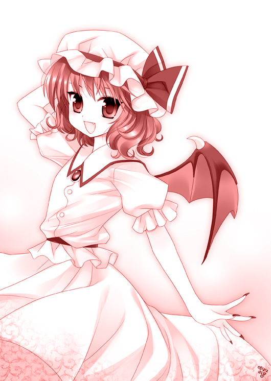 slp, remilia scarlet, touhou, bad id, bad pixiv id, 1girl, bat wings, female focus, gradient background, hat, monochrome, skirt, solo, white background, wings
