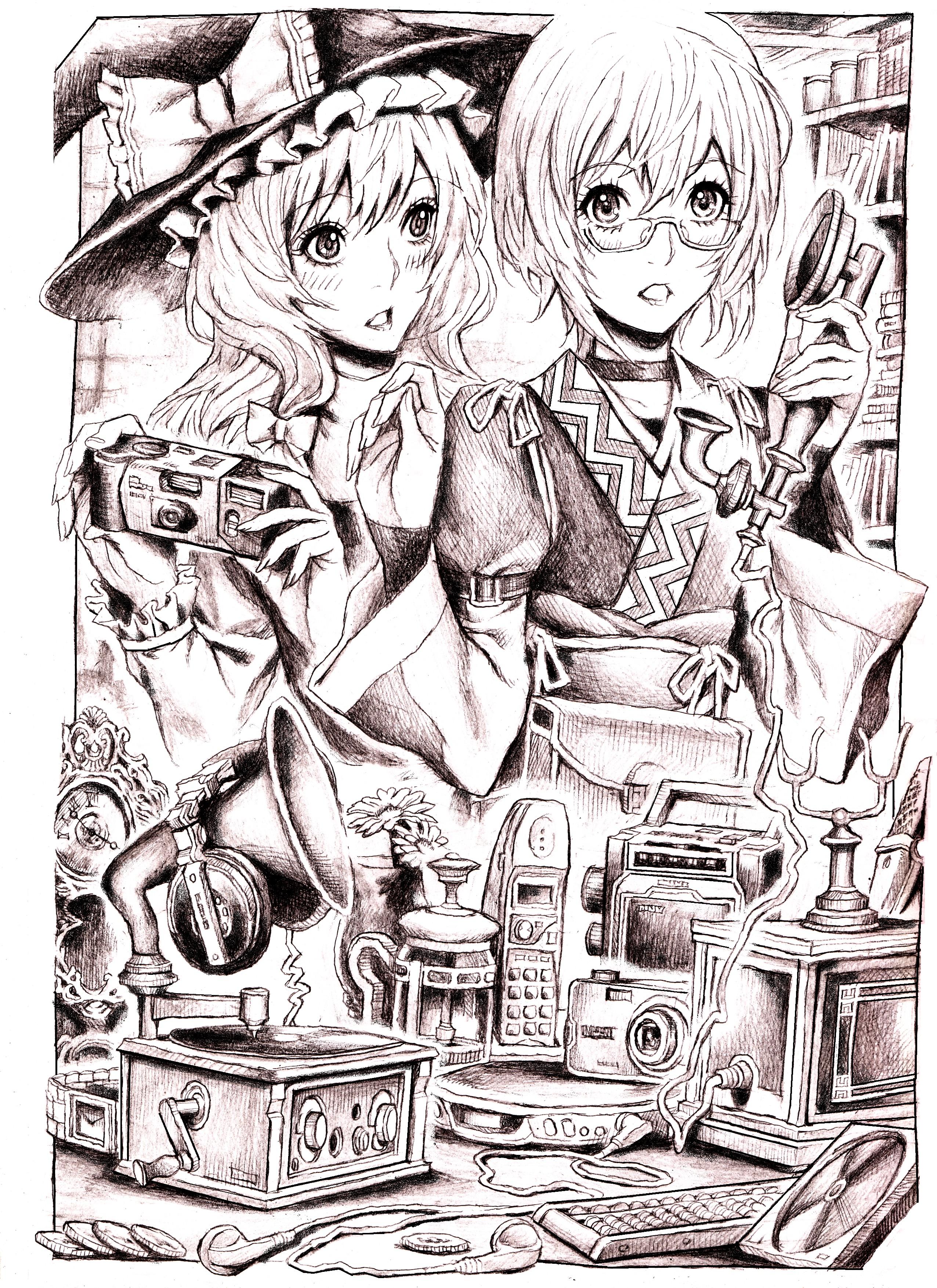nobita (makoto7060355), kirisame marisa, morichika rinnosuke, curiosities of lotus asia, touhou, absurdres, bad id, bad pixiv id, gender request, highres, 2girls, abacus, brown theme, camera, corded phone, genderswap, monochrome, multiple girls, phone