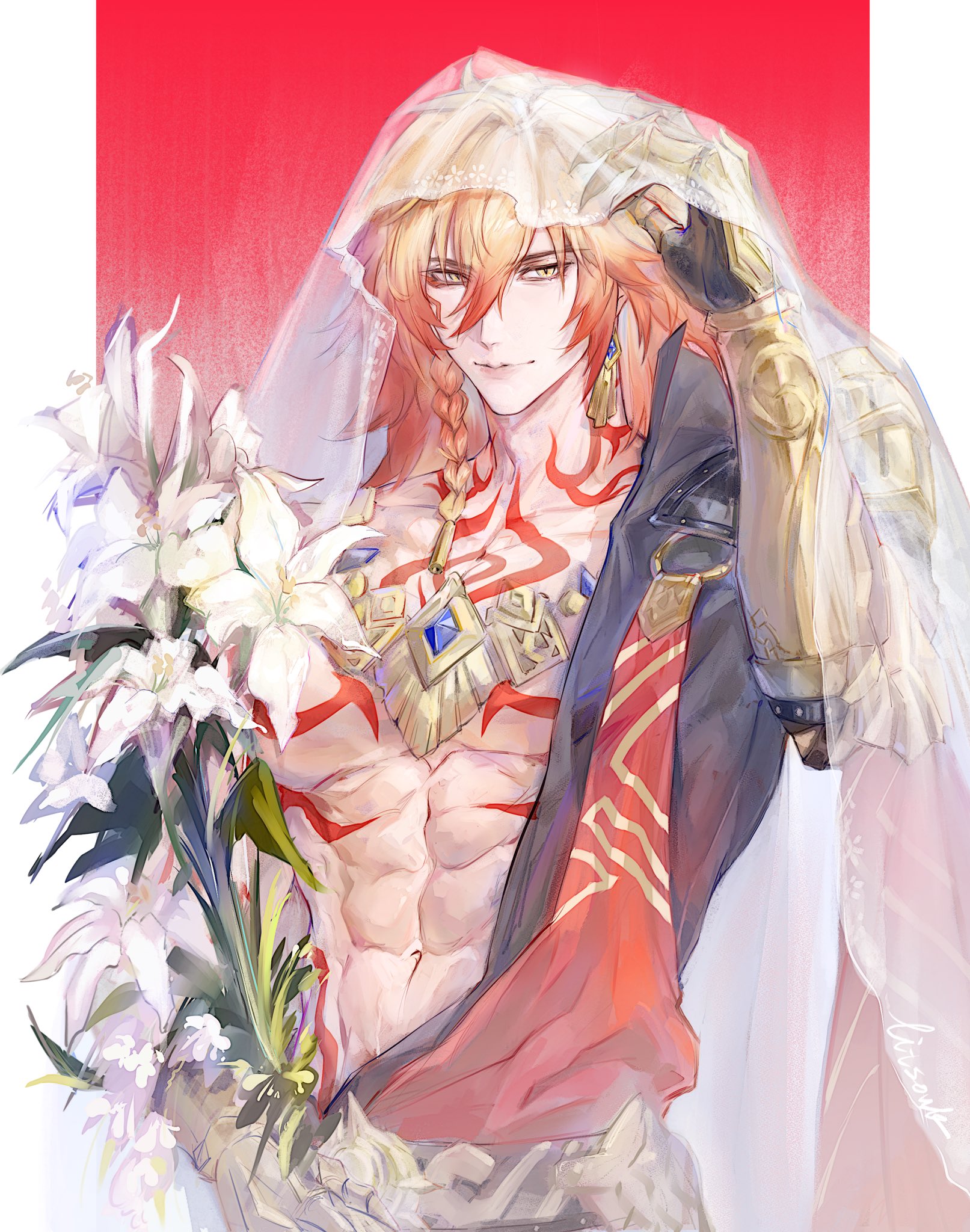 mydei (honkai: star rail), honkai: star rail, honkai (series), white lily, commentary, english commentary, highres, 1boy, abs, arm tattoo, armlet, black coat, blonde hair, braid, chest tattoo, clawed gauntlets, coat, earrings, facial tattoo, gold earrings, gold necklace, gradient hair, jewelry, litsowk0727, male focus, medium hair, multicolored hair, necklace, open clothes, open coat, red hair, red tattoo, see-through clothes, see-through veil, side braid, solo, tattoo, toned, toned male, veil, white veil, yellow eyes