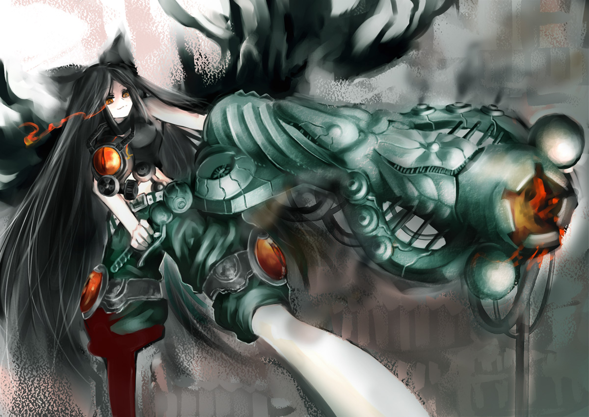 tomasu, tsurukame, reiuji utsuho, touhou, 1girl, alternate weapon, animal ears, arm cannon, black hair, cat ears, cat girl, female focus, gun, long hair, orange eyes, pale skin, solo, very long hair, weapon, wings