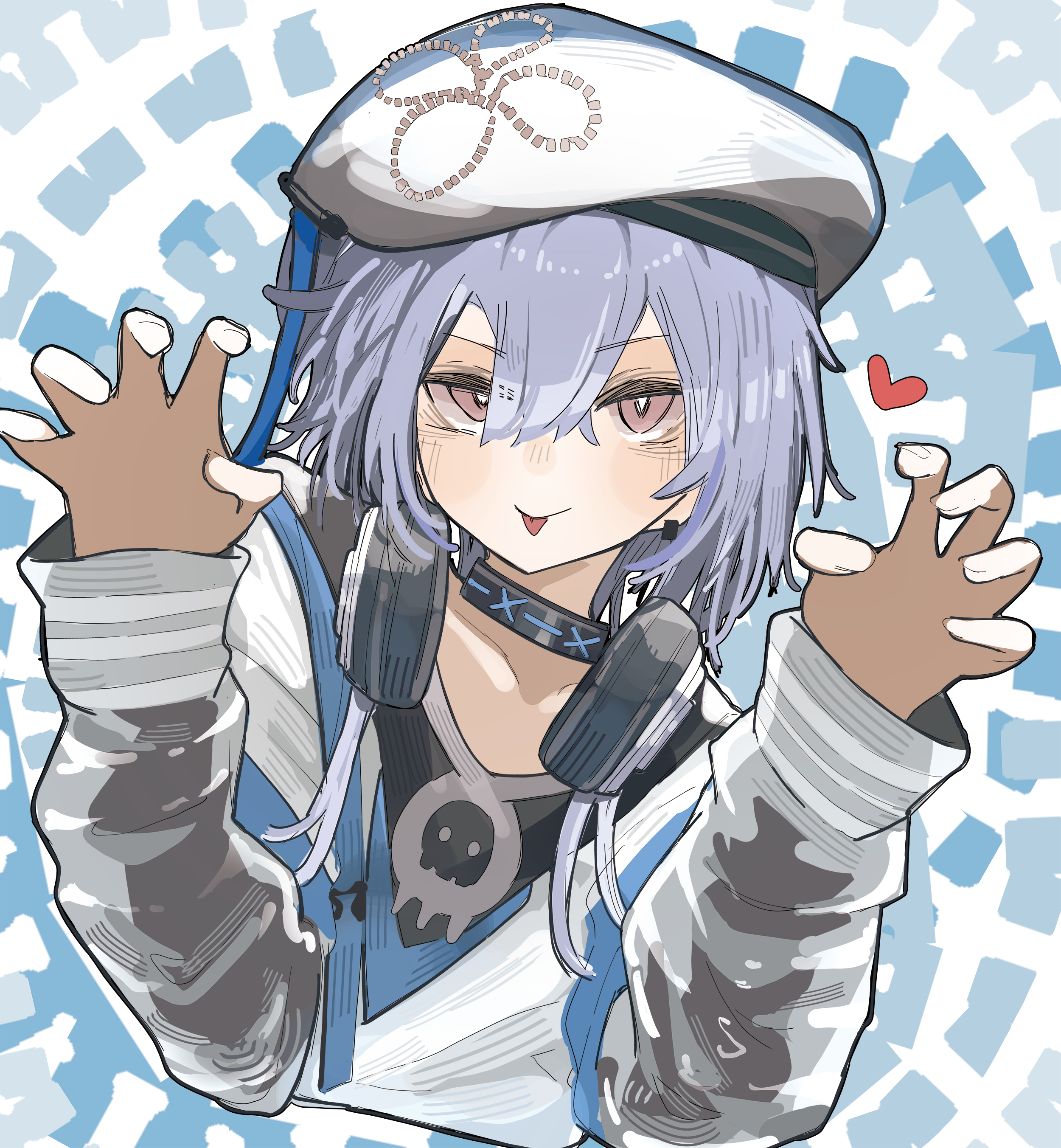 taiiiyakiii, mizuki (a player forever) (arknights), mizuki (arknights), arknights, absurdres, highres, 1boy, hat, headphones, headphones around neck, heart, looking at viewer, male focus, official alternate costume, solo, tongue, tongue out, upper body