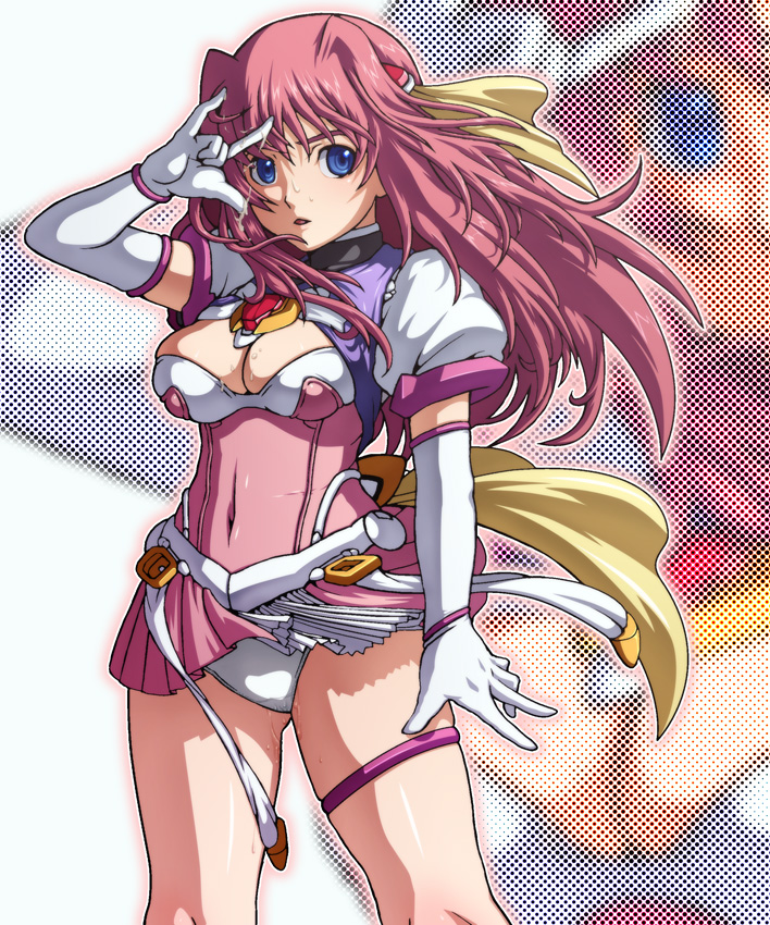 caryo, tabigarasu, escalayer, kouenji sayuka, choukou (alicesoft), choukou tenshi escalayer, 00s, 1girl, blue eyes, breasts, cleavage, elbow gloves, female focus, gloves, hair ribbon, large breasts, long hair, magical girl, panties, pink hair, pussy juice, ribbon, solo, underwear, white panties, zoom layer