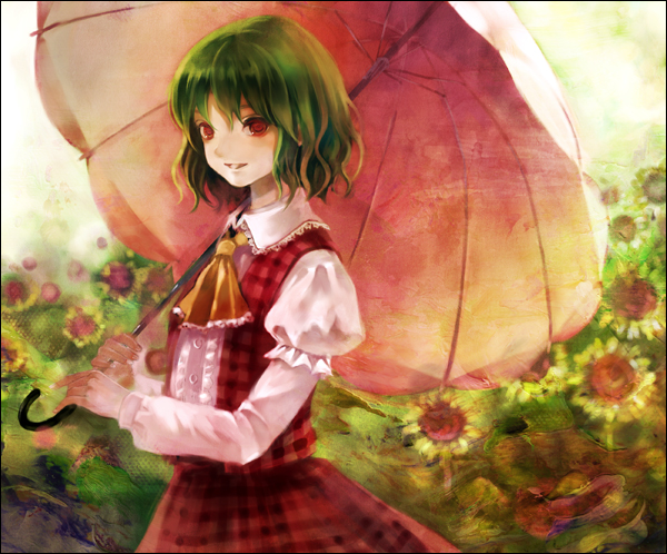 fukahire (ruinon), kazami yuuka, touhou, bad id, bad pixiv id, 1girl, ascot, dress shirt, female focus, flower, green hair, parasol, plaid clothes, plaid skirt, plaid vest, puffy sleeves, red eyes, shirt, short hair, skirt, skirt set, solo, sunflower, umbrella, vest