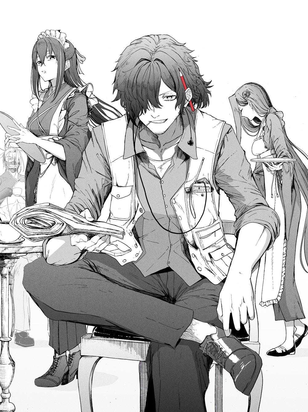 syatey, kawakami gensai (fate), medusa (fate), okada izou (fate), tanaka shinbei (fate), fate/grand order, fate (series), highres, 2boys, 2girls, apron, bare pectorals, collared shirt, comb over, earphones, facial hair, goatee, greyscale, grin, hair over one eye, half mask, half updo, holding, holding magazine, holding tray, igote, japanese clothes, kawakami gensai (second ascension) (fate), kimono, long hair, magazine (object), maid, maid apron, maid headdress, mask, monochrome, multiple boys, multiple girls, muscular, muscular male, nagatekkou, pectorals, pencil behind ear, shirt, single earphone removed, sitting, smile, spot color, standing, toothpick, tray, very long hair, vest, wa maid