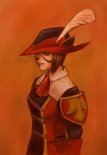 creampuf, mithra (ff11), red mage (final fantasy), final fantasy, final fantasy xi, bad id, bad pixiv id, lowres, 00s, 1girl, black hat, breasts, brown hair, female focus, gradient background, hat, red hat, short hair, solo