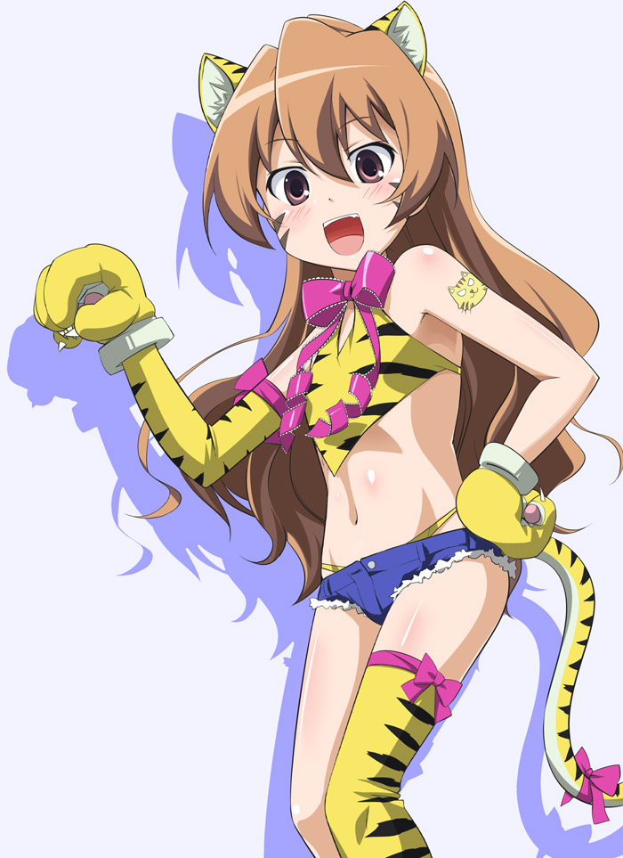 youkan, aisaka taiga, chokotto sister, toradora!, bad id, bad pixiv id, 1girl, animal costume, animal ears, animal hands, animal print, asymmetrical clothes, blush, brown eyes, brown hair, costume, denim, denim shorts, elbow gloves, female focus, flat chest, gloves, long hair, midriff, name connection, navel, nekonyan dance, parody, paw gloves, ribbon, shorts, single thighhigh, solo, tail, tail ornament, tail ribbon, thighhighs, tiger costume, tiger print