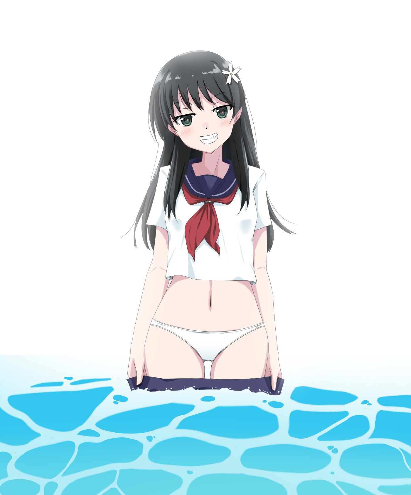 saten ruiko, toaru kagaku no railgun, toaru majutsu no index, highres, 1girl, black hair, breasts, clothes pull, green eyes, grin, half-closed eyes, legs, long hair, looking at viewer, medium breasts, midriff, navel, ocean, panties, pulling own clothes, skirt, skirt pull, smile, solo, thighs, underwear, water, white panties