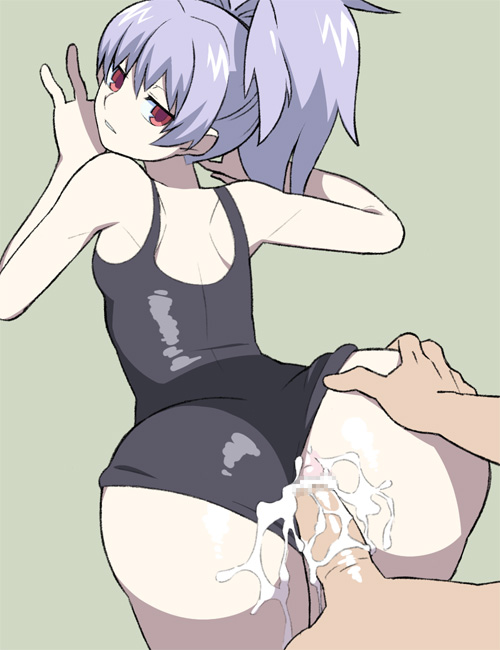 itsumo nokoru, yin (darker than black), darker than black, 00s, 1girl, against wall, anal, anus, ass, bent over, blue hair, censored, clothed female nude male, clothed sex, clothing aside, cum, cum in ass, cum in pussy, cum on ass, cum on body, doggystyle, from behind, grabbing another's ass, groping, looking at viewer, looking back, nude, one-piece swimsuit, parted lips, penis, pov, pussy, red eyes, sex, sex from behind, simple background, solo focus, sweat, swimsuit, swimsuit aside, vaginal