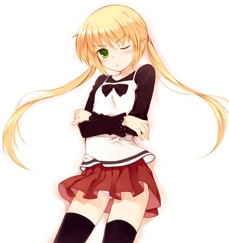 kurasuke, sanzen'in nagi, hayate no gotoku!, 00s, 1girl, black thighhighs, blonde hair, blush, crossed arms, female focus, frown, green eyes, long hair, one eye closed, panties, pantyshot, skirt, solo, striped clothes, striped panties, thighhighs, twintails, underwear, upskirt, wink