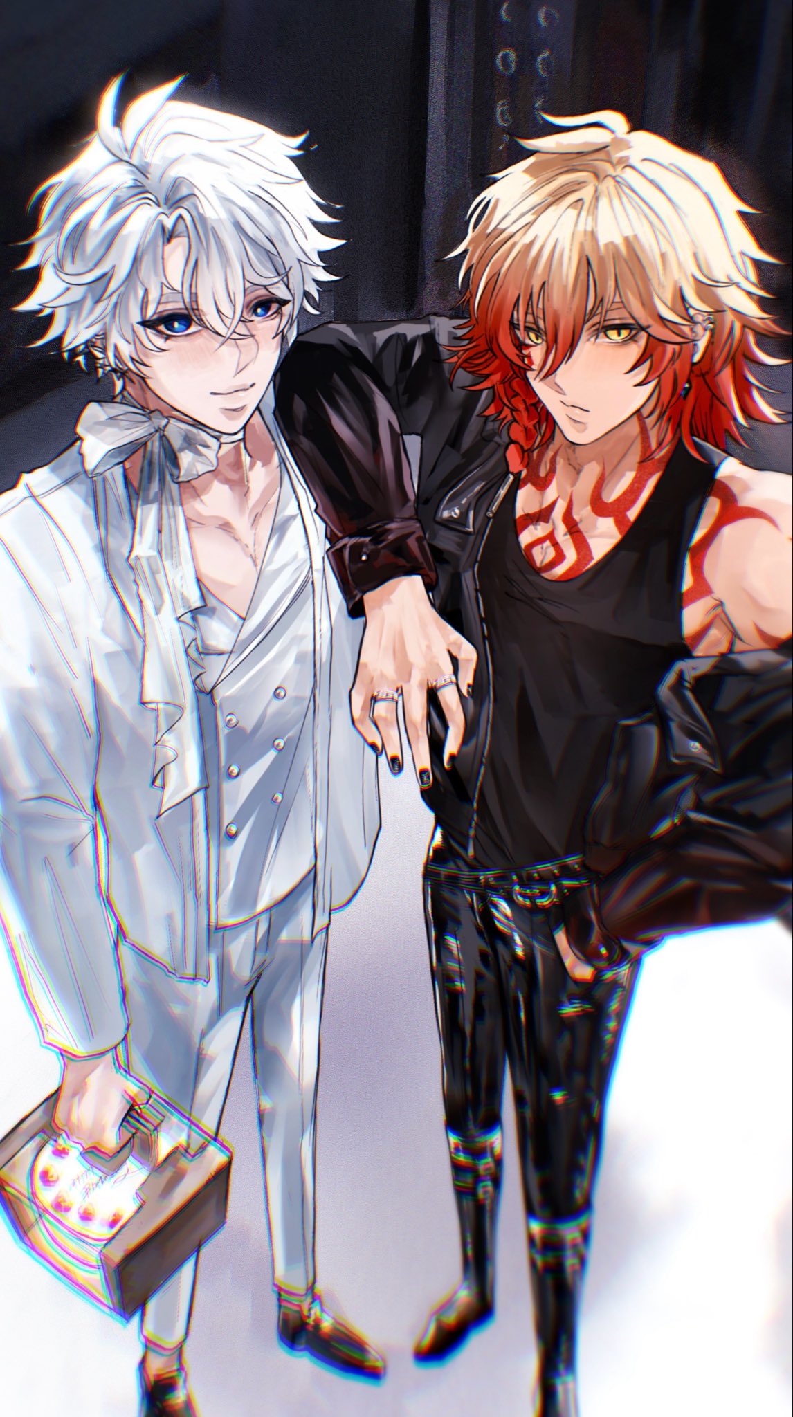 mydei (honkai: star rail), phainon (honkai: star rail), honkai: star rail, honkai (series), highres, 2boys, antenna hair, arm on another's shoulder, arm tattoo, black jacket, black nails, black pants, black shoes, blonde hair, blue eyes, braid, buttons, chest tattoo, facial tattoo, gradient hair, hand in pocket, jacket, jewelry, lapels, lizzkumo, male focus, medium hair, multicolored hair, multiple boys, multiple rings, off shoulder, open clothes, open jacket, pants, parted bangs, red hair, red tattoo, ring, shoes, short hair, side braid, tank top, tattoo, white hair, white jacket, white pants, white tank top, yellow eyes