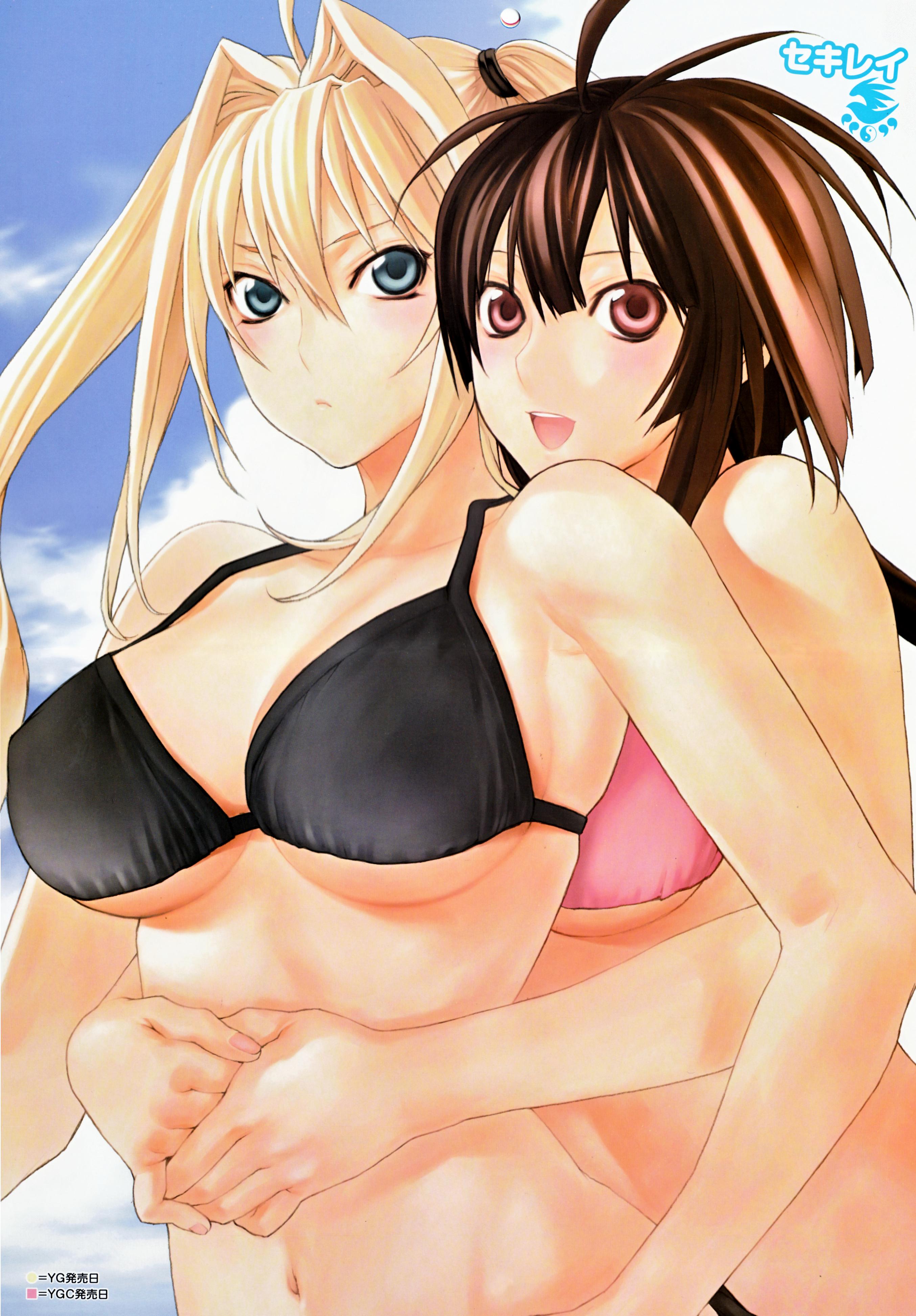gokurakuin sakurako, musubi, tsukiumi, sekirei, absurdres, highres, 00s, 2girls, ahoge, bikini, blonde hair, blue eyes, blush, breasts, brown hair, cleavage, hug, large breasts, long hair, multiple girls, own hands clasped, own hands together, pink eyes, ponytail, smile, swimsuit, underboob