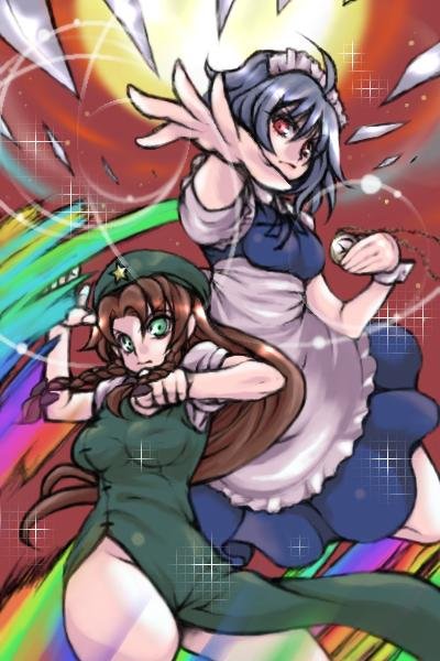 uousa-ou, hong meiling, izayoi sakuya, embodiment of scarlet devil, touhou, silver hair, bad id, bad pixiv id, 2girls, clock, female focus, green eyes, hairband, hat, knife, long hair, maid, multiple girls, red eyes, red hair, short hair, throwing knife, weapon