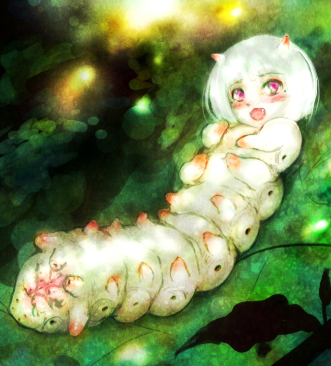 funakura, original, 1girl, arthropod girl, blush, caterpillar, caterpillar girl, fang, female focus, leaf, mole, mole under eye, monster girl, open mouth, purple eyes, short hair, solo, what, white hair