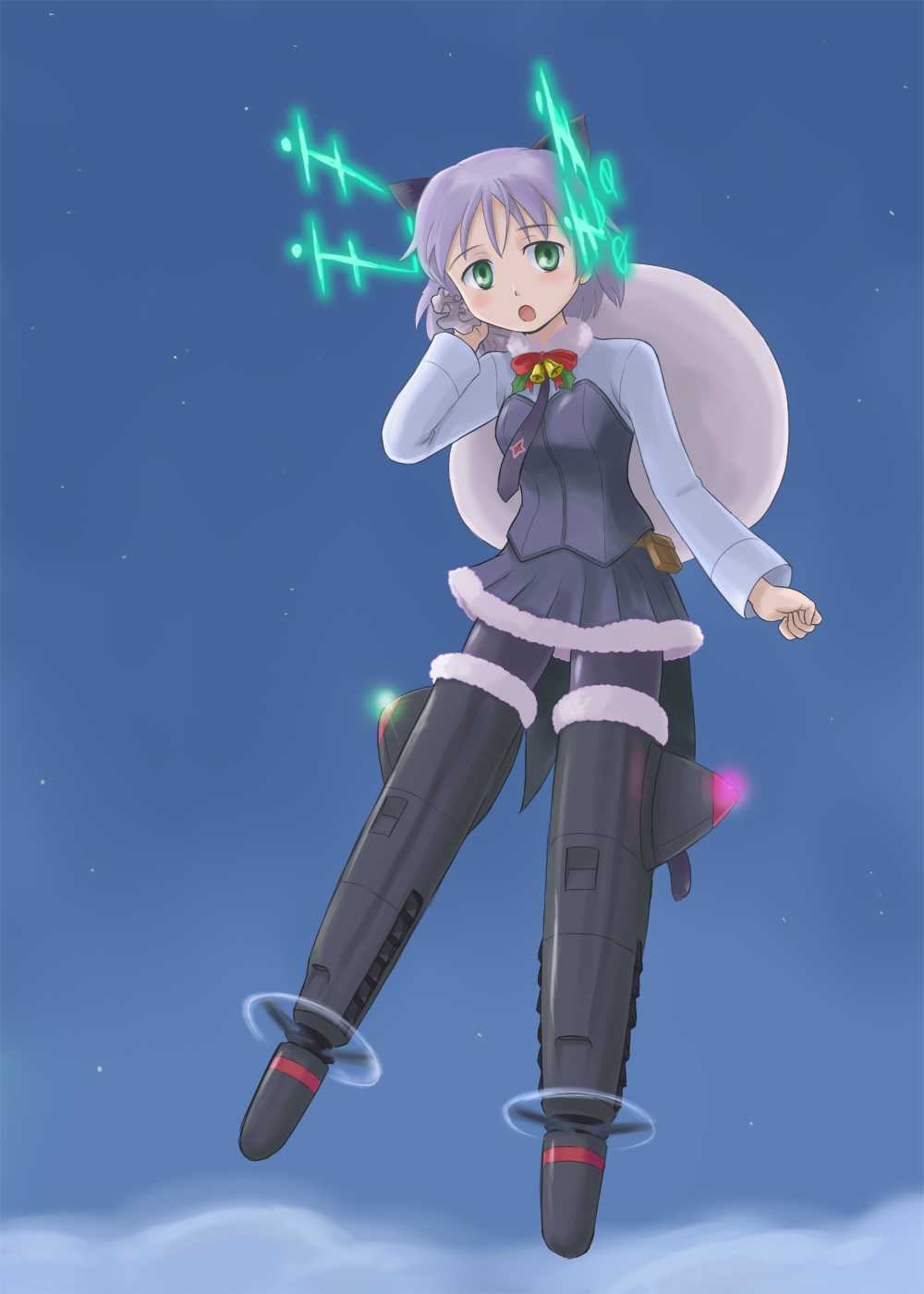 denden, sanya v. litvyak, strike witches, world witches series, silver hair, highres, 00s, 1girl, animal ears, antennae, bell, black pantyhose, blush, cloud, female focus, hirschgeweih antennas, night, pantyhose, sack, short hair, skirt, solo, star (symbol), striker unit, tail