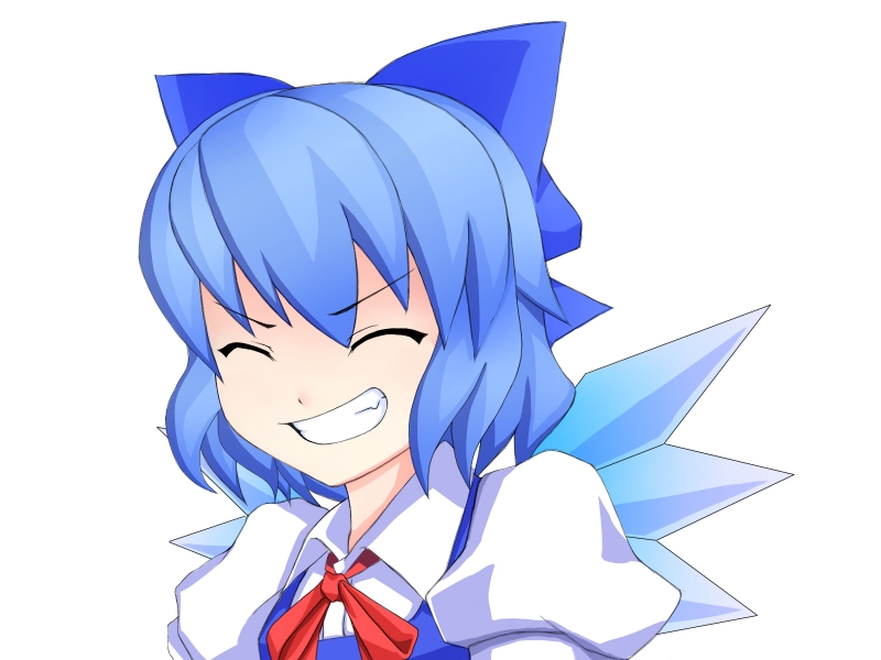 shishigami (sunagimo), cirno, embodiment of scarlet devil, touhou, bad id, bad pixiv id, 1girl, female focus, ribbon, simple background, smile, solo, upper body, white background, wings