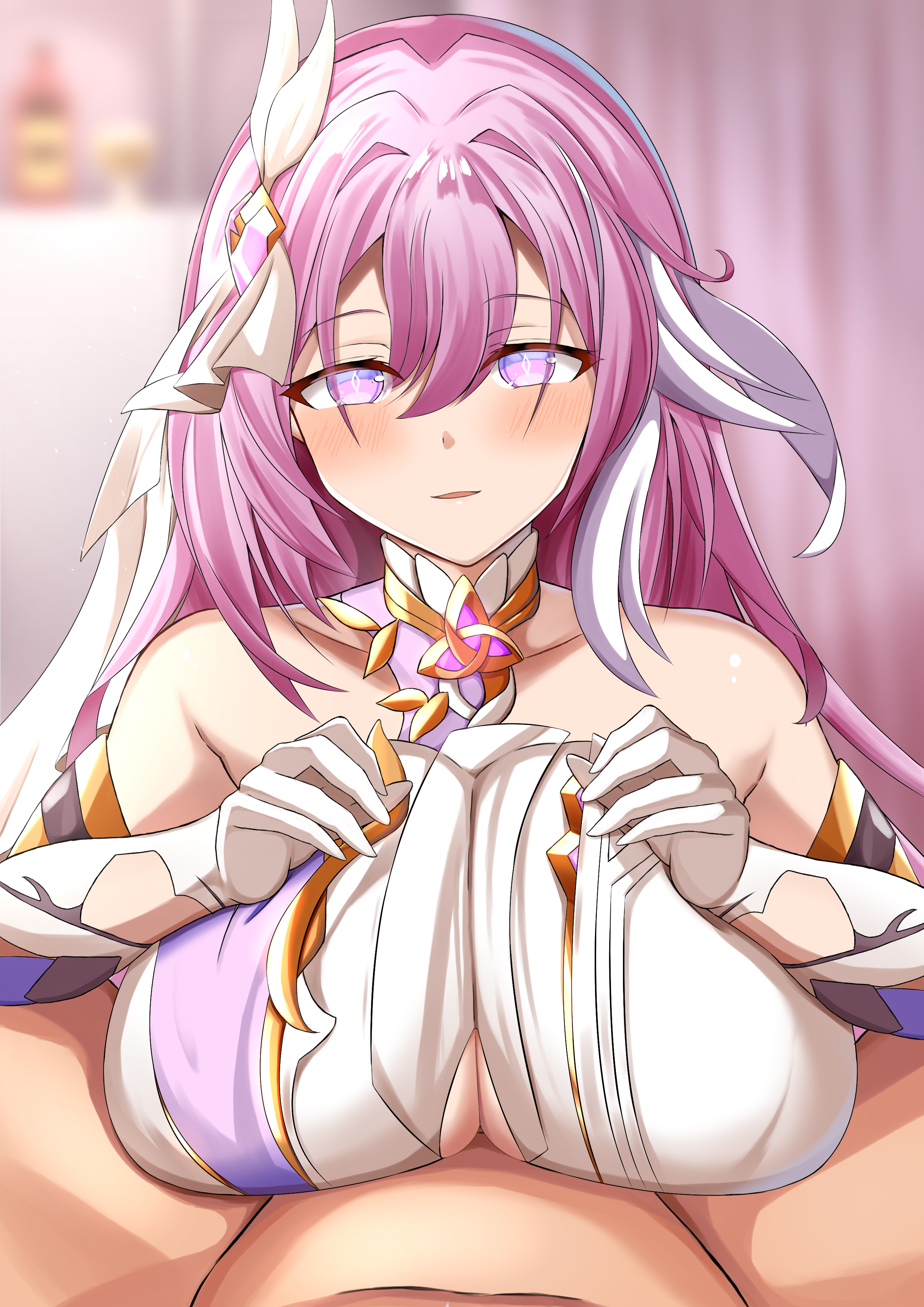 mero en e, elysia (herrscher of human: ego) (honkai impact), elysia (honkai impact), honkai (series), honkai impact 3rd, absurdres, commentary request, highres, large variant set, textless version, variant set, 1boy, 1girl, bare shoulders, blurry, blurry background, breasts, bridal veil, completely nude, corset, diamond-shaped pupils, diamond (shape), gloves, hetero, indoors, large breasts, long hair, multicolored hair, nude, paizuri, paizuri under clothes, pink hair, purple eyes, symbol-shaped pupils, triquetra, two-tone hair, veil, very long hair, white corset, white gloves, white hair, white veil