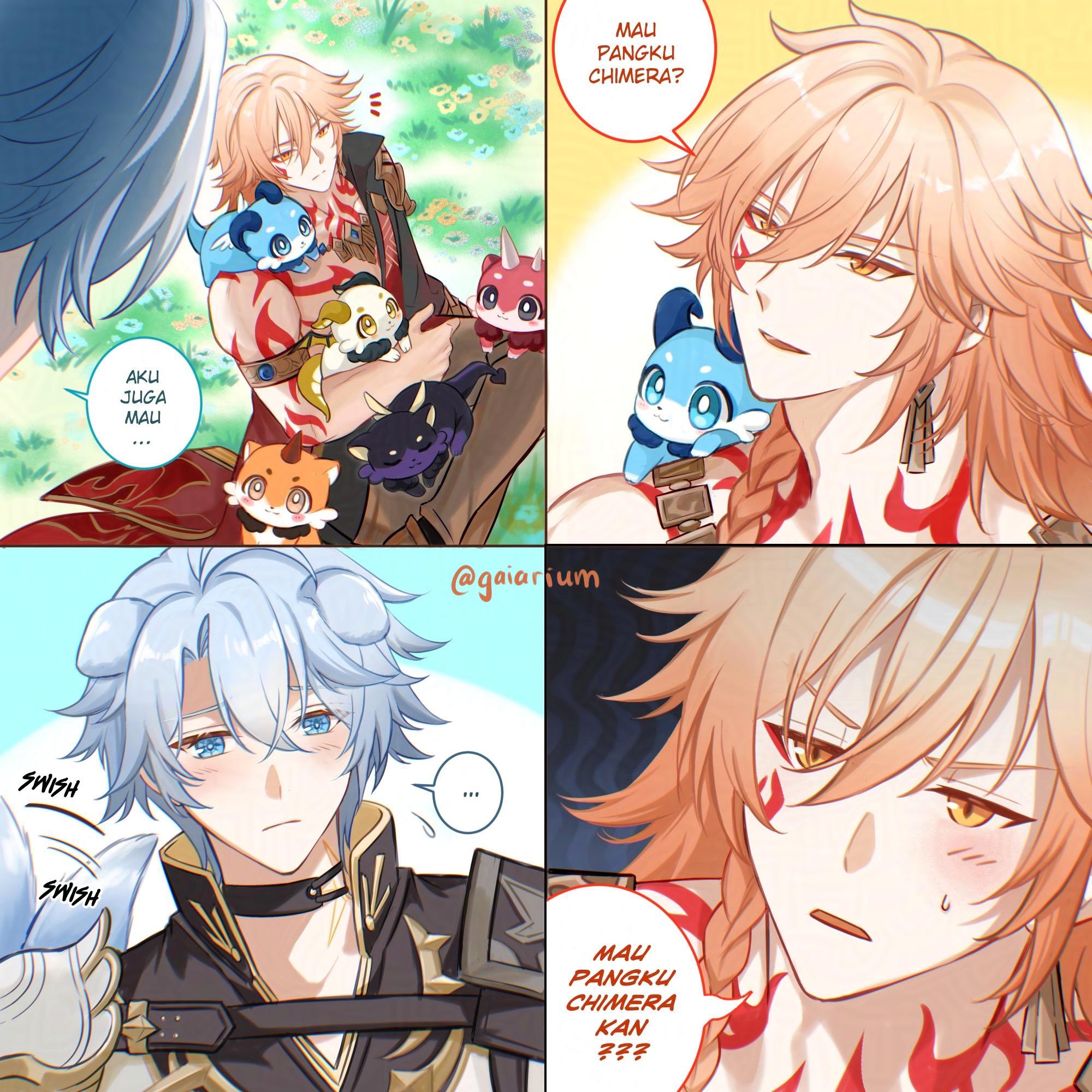 mydei (honkai: star rail), phainon (honkai: star rail), honkai: star rail, honkai (series), highres, 2boys, animal ears, antenna hair, arm tattoo, armlet, armored boots, black choker, black coat, black pants, black shirt, blonde hair, blue eyes, blush, boots, braid, chest tattoo, chimera (honkai: star rail), choker, clawed gauntlets, coat, creature, dog boy, dog ears, dog tail, earrings, facial tattoo, gaiarium, gold earrings, gold necklace, gradient hair, holding, holding creature, indonesian text, jewelry, male focus, medium hair, multicolored hair, multiple boys, neck tattoo, necklace, open clothes, open coat, pants, parted bangs, red hair, red tattoo, shirt, short hair, side braid, sun symbol, sun tattoo, tail, tail wagging, tan, tattoo, white coat, white hair, yaoi, yellow eyes