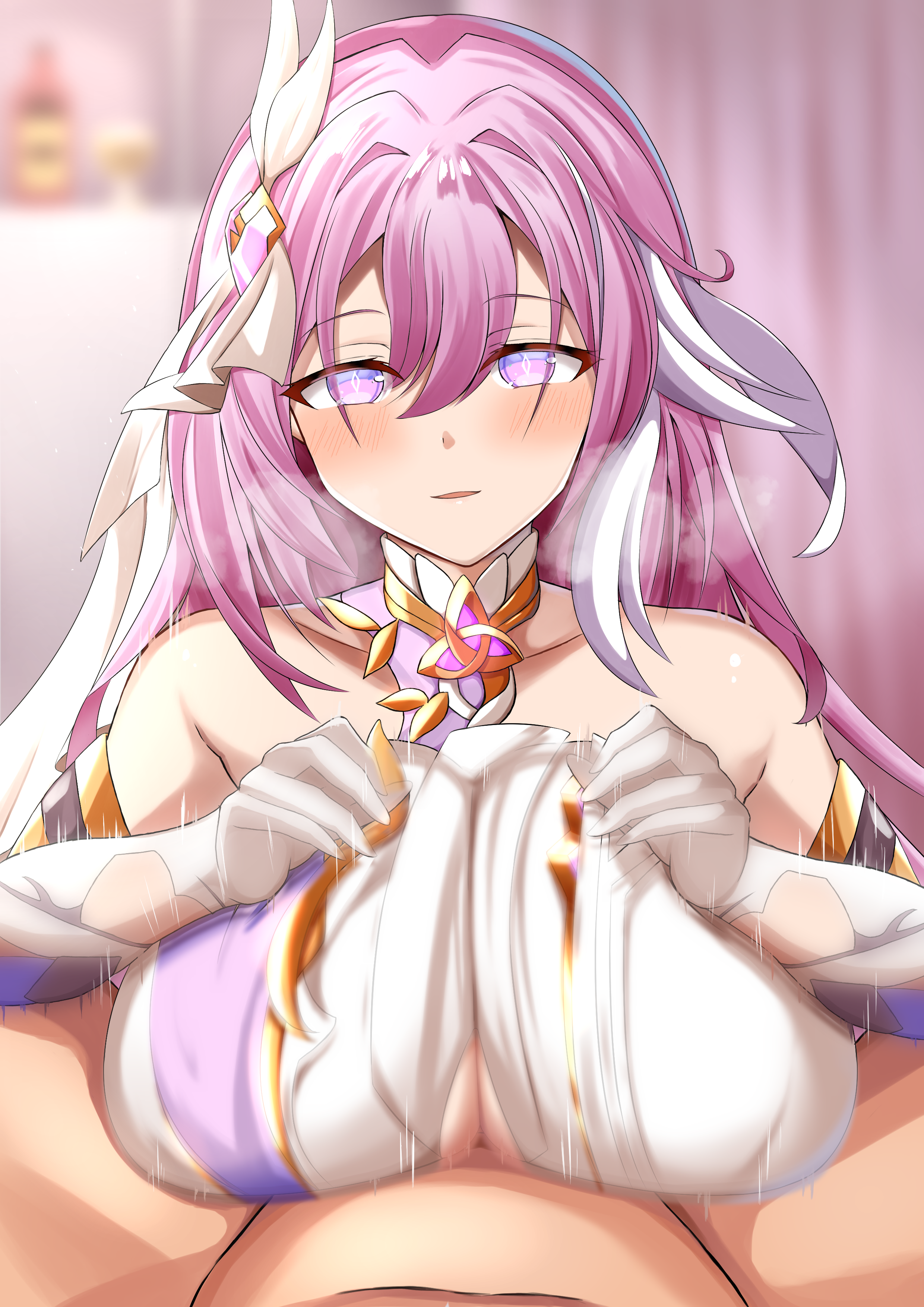 mero en e, elysia (herrscher of human: ego) (honkai impact), elysia (honkai impact), honkai (series), honkai impact 3rd, absurdres, commentary request, highres, large variant set, textless version, variant set, 1boy, 1girl, bare shoulders, blurry, blurry background, breasts, bridal veil, completely nude, corset, diamond-shaped pupils, diamond (shape), gloves, heavy breathing, hetero, indoors, large breasts, long hair, multicolored hair, nude, paizuri, paizuri under clothes, pink hair, purple eyes, symbol-shaped pupils, triquetra, two-tone hair, veil, very long hair, white corset, white gloves, white hair, white veil