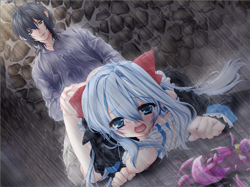 toujou sakana, ashe (under the moon), seizh, under the moon, ass grab, game cg, 1boy, 1girl, ass, bad end, bent over, bishounen, black hair, blue eyes, blue hair, breast press, breasts, clothed sex, couple, doggystyle, dress, dutch angle, from behind, green eyes, hetero, long hair, nipples, no bra, open clothes, open mouth, open shirt, rain, rape, sex, sex from behind, shirt, smile, tears, tongue, top-down bottom-up, wet, white hair