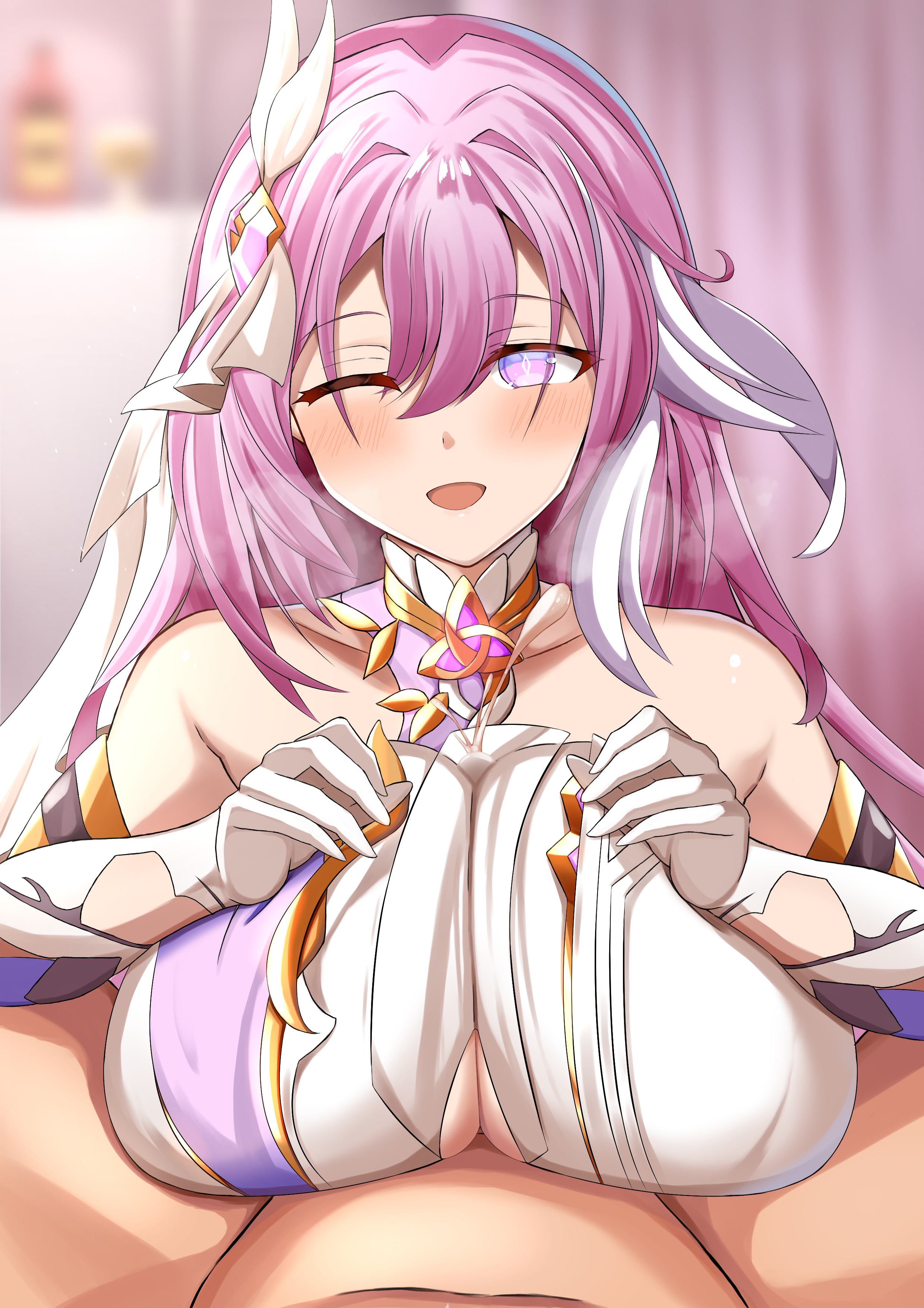 mero en e, elysia (herrscher of human: ego) (honkai impact), elysia (honkai impact), honkai (series), honkai impact 3rd, absurdres, commentary request, highres, large variant set, textless version, variant set, 1boy, 1girl, ;), bare shoulders, blurry, blurry background, breasts, bridal veil, completely nude, corset, diamond-shaped pupils, diamond (shape), gloves, heavy breathing, hetero, indoors, large breasts, long hair, multicolored hair, nude, one eye closed, paizuri, paizuri under clothes, pink hair, purple eyes, smile, symbol-shaped pupils, triquetra, two-tone hair, veil, very long hair, white corset, white gloves, white hair, white veil