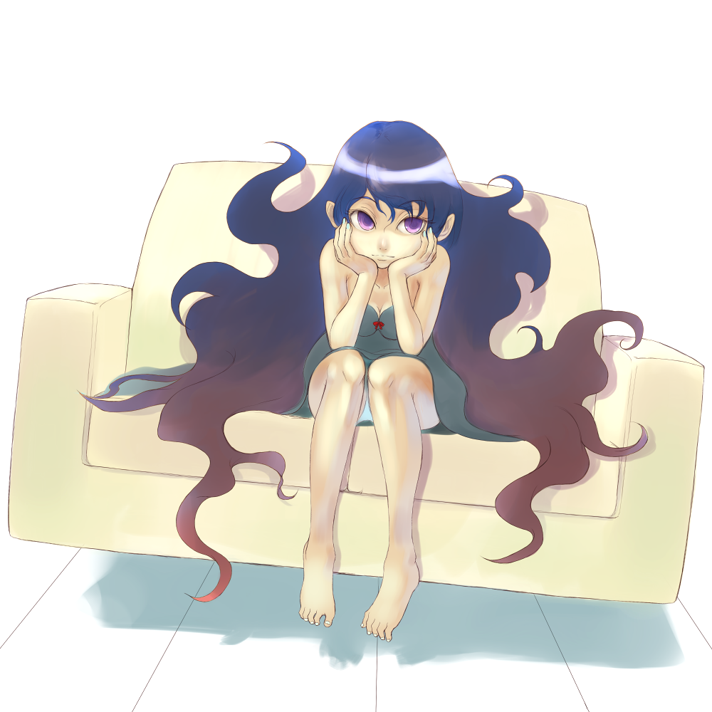 kansou samehada, original, bad id, bad pixiv id, barefoot, couch, feet, gradient hair, multicolored hair, purple eyes, solo