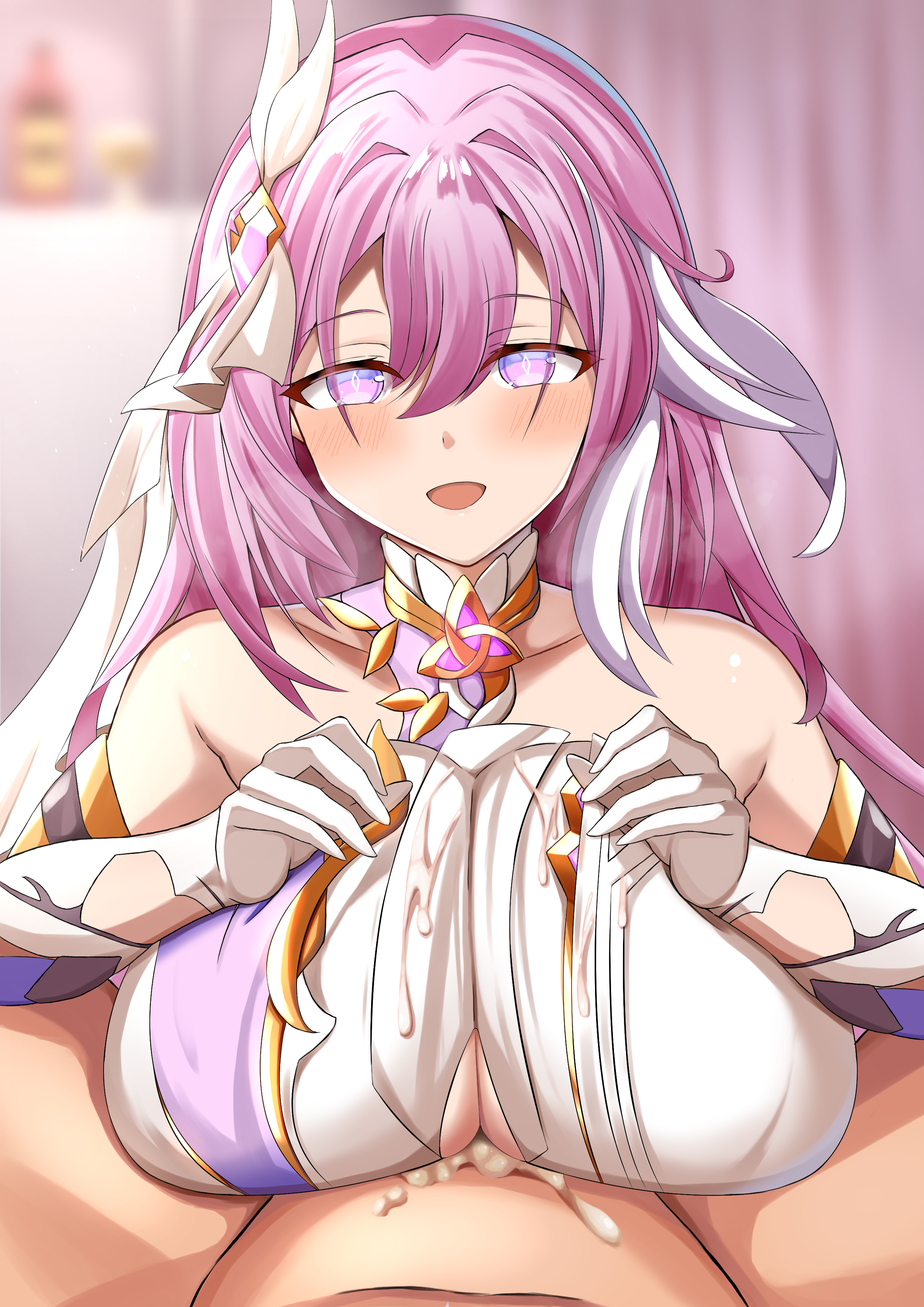 mero en e, elysia (herrscher of human: ego) (honkai impact), elysia (honkai impact), honkai (series), honkai impact 3rd, absurdres, commentary request, highres, large variant set, textless version, variant set, 1boy, 1girl, bare shoulders, blurry, blurry background, breasts, bridal veil, completely nude, corset, cum, diamond-shaped pupils, diamond (shape), ejaculation, gloves, hetero, indoors, large breasts, long hair, multicolored hair, nude, paizuri, paizuri under clothes, pink hair, purple eyes, symbol-shaped pupils, triquetra, two-tone hair, veil, very long hair, white corset, white gloves, white hair, white veil