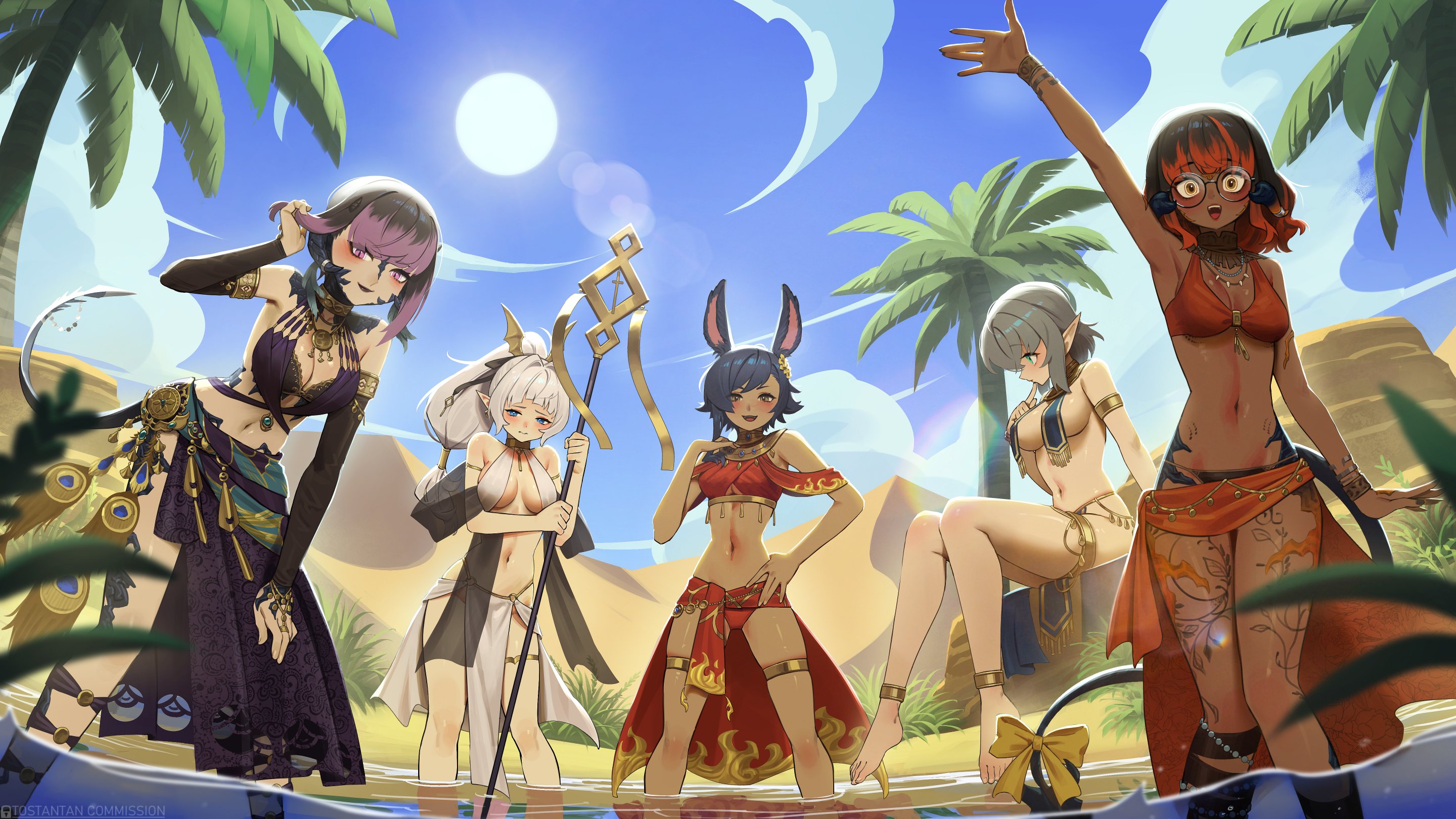 tostantan, final fantasy, final fantasy xiv, commentary, commission, english commentary, highres, 5girls, :d, animal ears, aqua eyes, arm up, au ra, barefoot, black hair, blue eyes, blue sky, bow, bracelet, breast curtains, breasts, brown eyes, cloud, dark-skinned female, dark skin, day, glasses, grey hair, hand on own hip, holding, holding staff, jewelry, large breasts, leg tattoo, looking at viewer, medium breasts, midriff, multicolored hair, multiple girls, navel, oasis, open mouth, outdoors, palm tree, pelvic curtain, pink eyes, pointy ears, ponytail, purple hair, red hair, round eyewear, scales, sitting, sky, slit pupils, smile, staff, stomach, sun, tail, tail bow, tail ornament, tattoo, thighlet, tree, two-tone hair, wading, waist cape, water, white hair, yellow bow